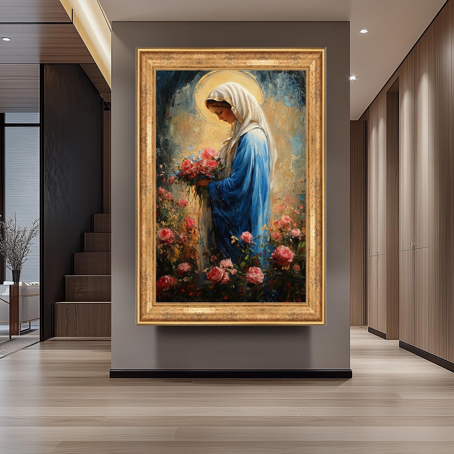 Impressionist Virgin Mary Painting with Pink Roses and Golden Halo, Catholic Floral Canvas Art for Spiritual Home or Chapel Decor
