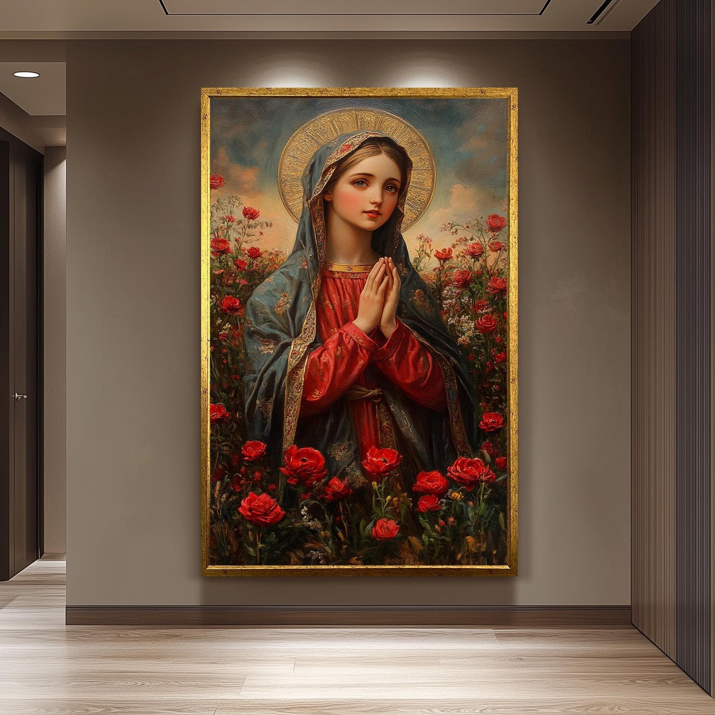 Virgin Mary Canvas Print: Golden Halo, Red Roses, Catholic Art