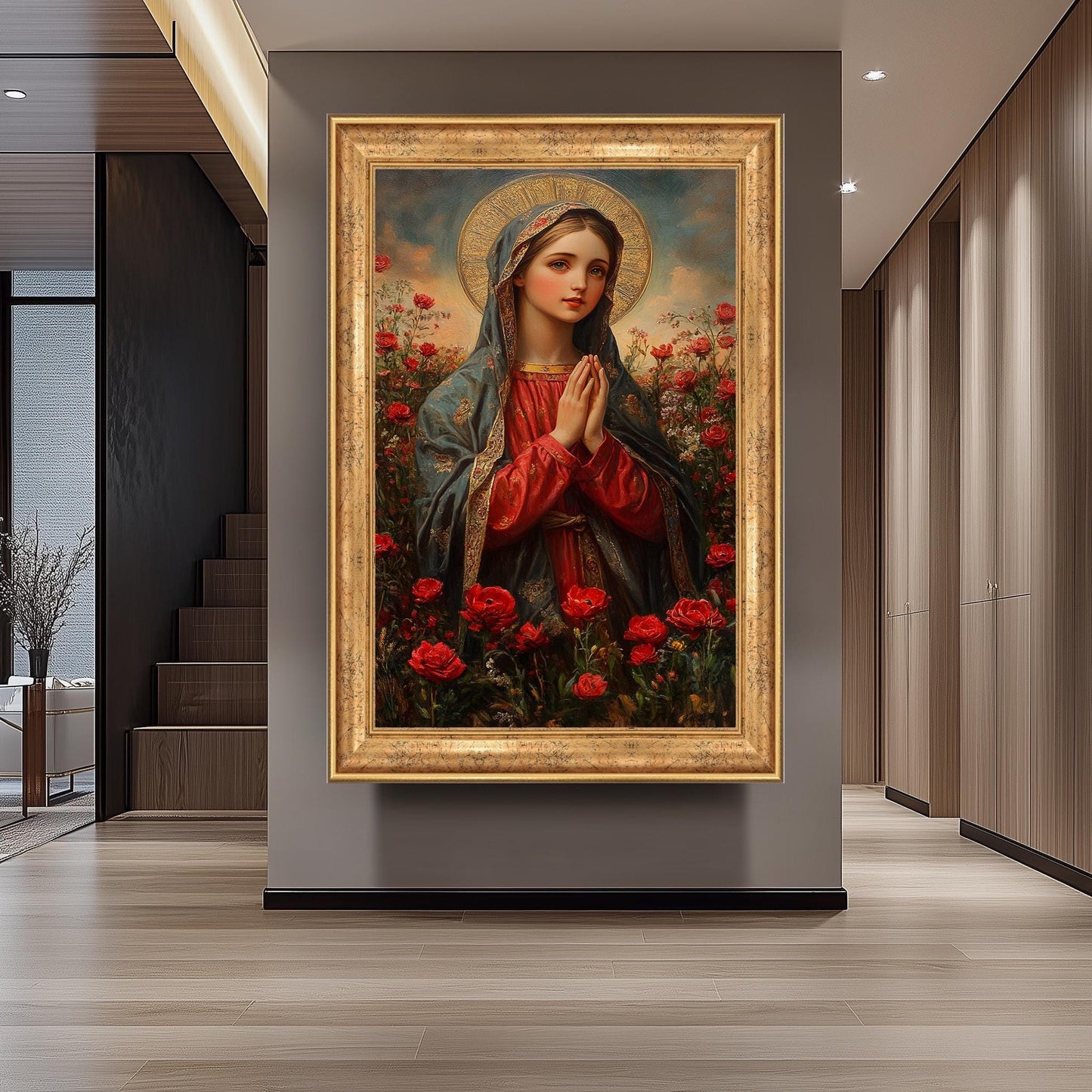 Virgin Mary Canvas Print: Golden Halo, Red Roses, Catholic Art
