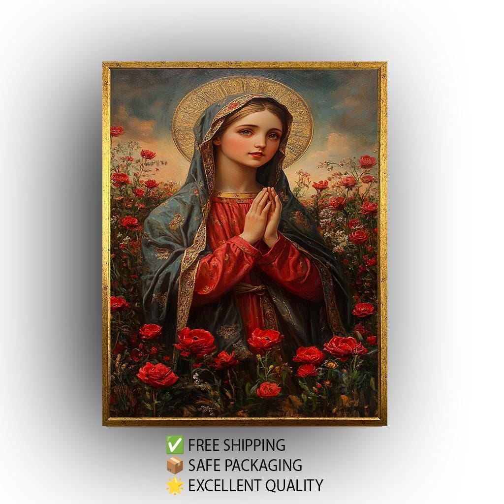 Virgin Mary Canvas Print: Golden Halo, Red Roses, Catholic Art