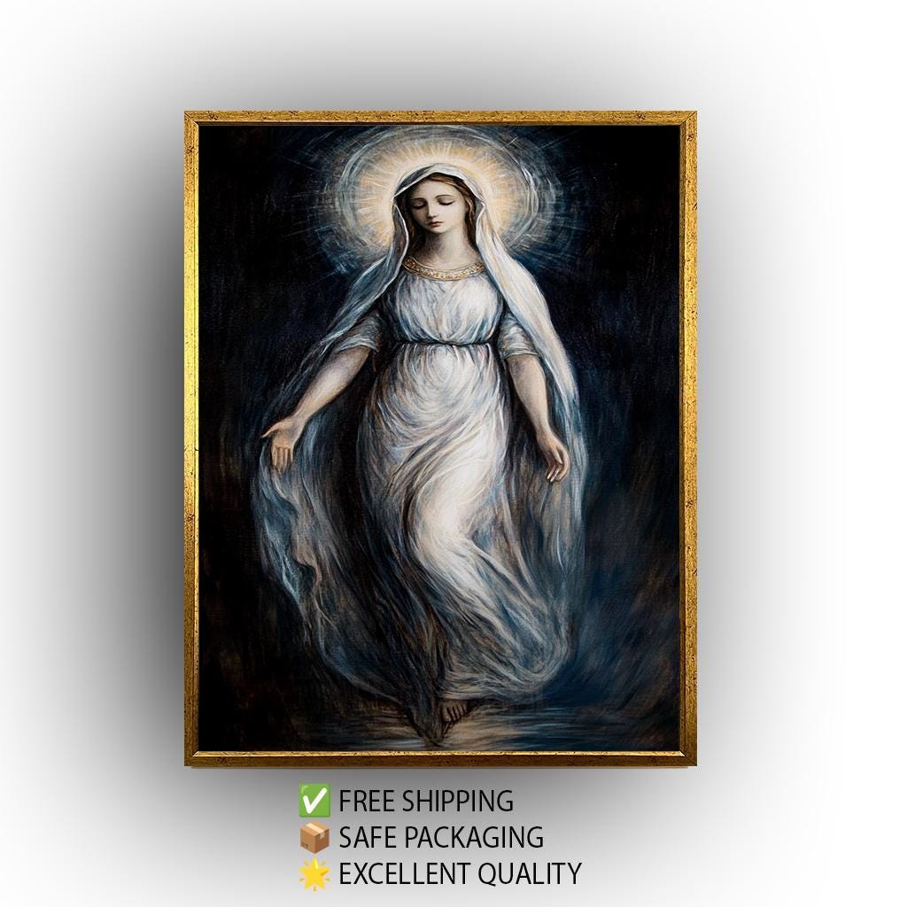 Virgin Mary Canvas Art: Ethereal Catholic Painting with Radiant Halo