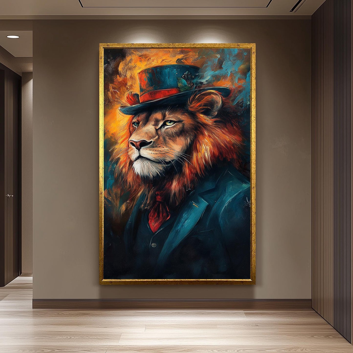 Lion Portrait Canvas Art: Surreal Animal in Suit & Top Hat