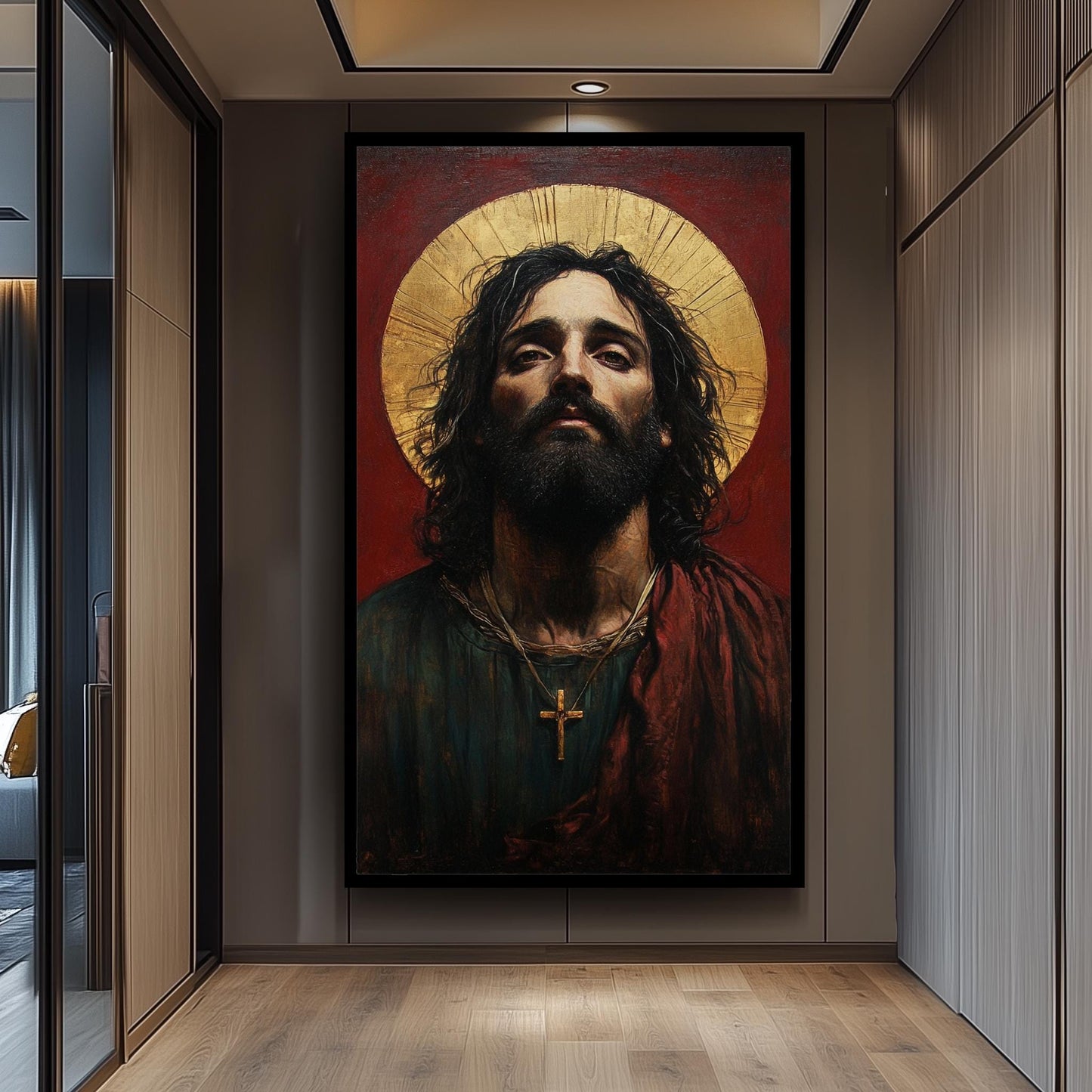 Sacred Jesus Portrait Canvas: Surreal Religious Art with Golden Halo