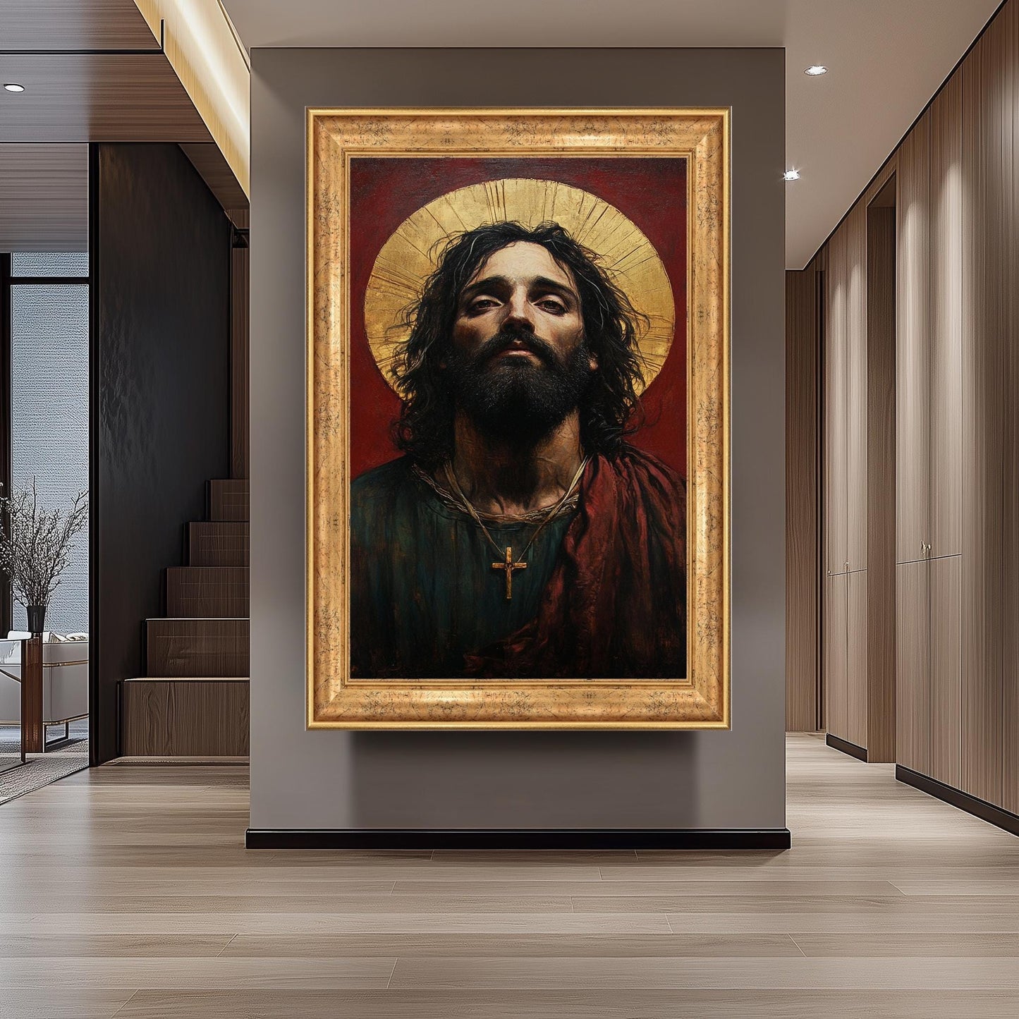 Sacred Jesus Portrait Canvas: Surreal Religious Art with Golden Halo