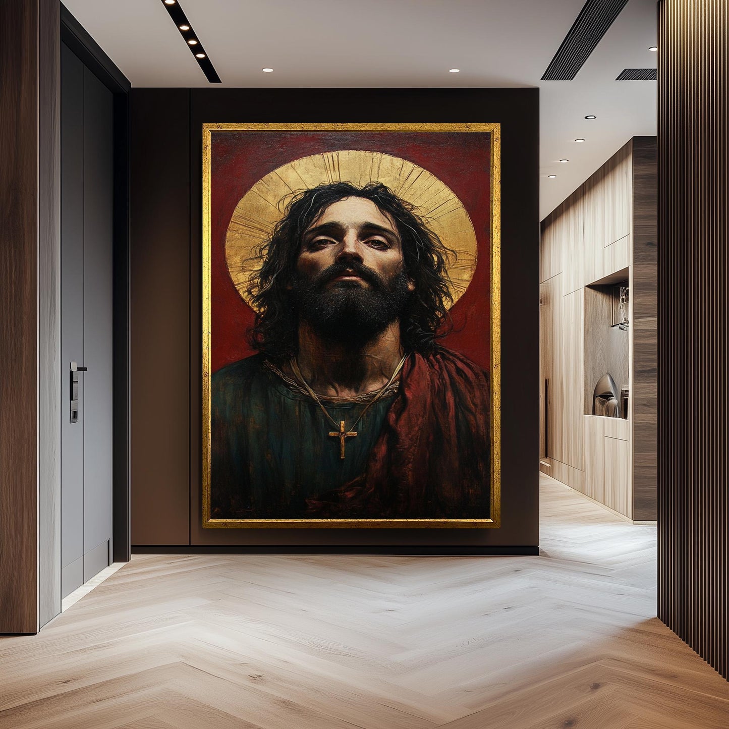 Sacred Jesus Portrait Canvas: Surreal Religious Art with Golden Halo