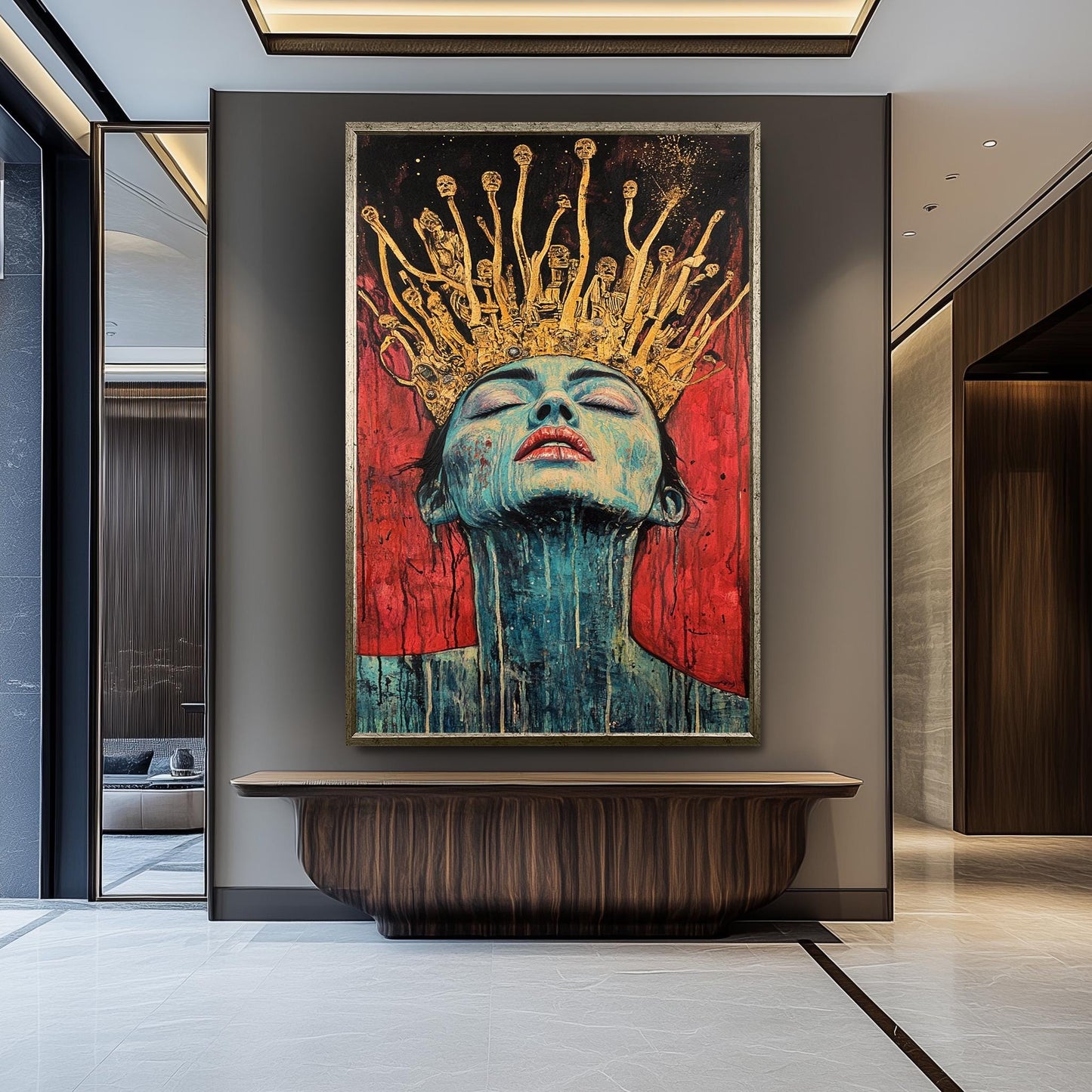 Surreal Queen Portrait Wall Art Dark Fantasy Woman Painting Gold Crown Skull Gothic Art Red Black Decor Unique Emotional Artwork Queen Art