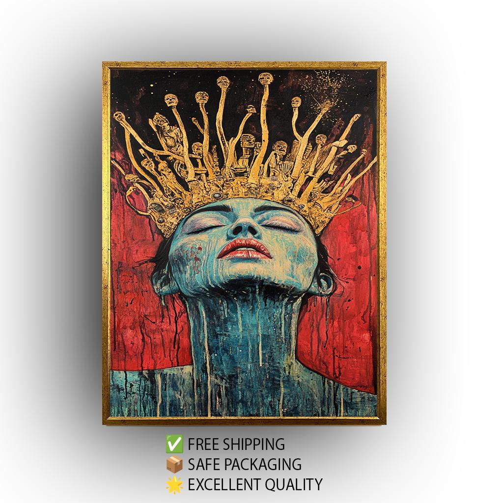 Surreal Queen Portrait Wall Art Dark Fantasy Woman Painting Gold Crown Skull Gothic Art Red Black Decor Unique Emotional Artwork Queen Art