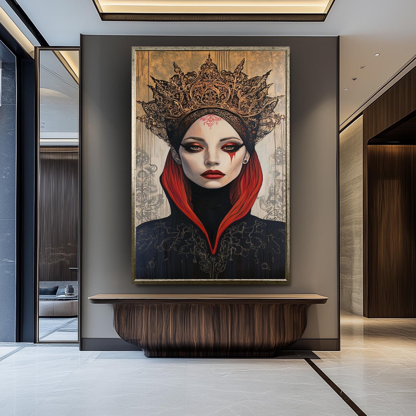 Surreal Gothic Queen Wall Art Mysterious Woman Portrait in Red and Black Crown Fantasy Painting Elegant Dark Royal Aesthetic Decor