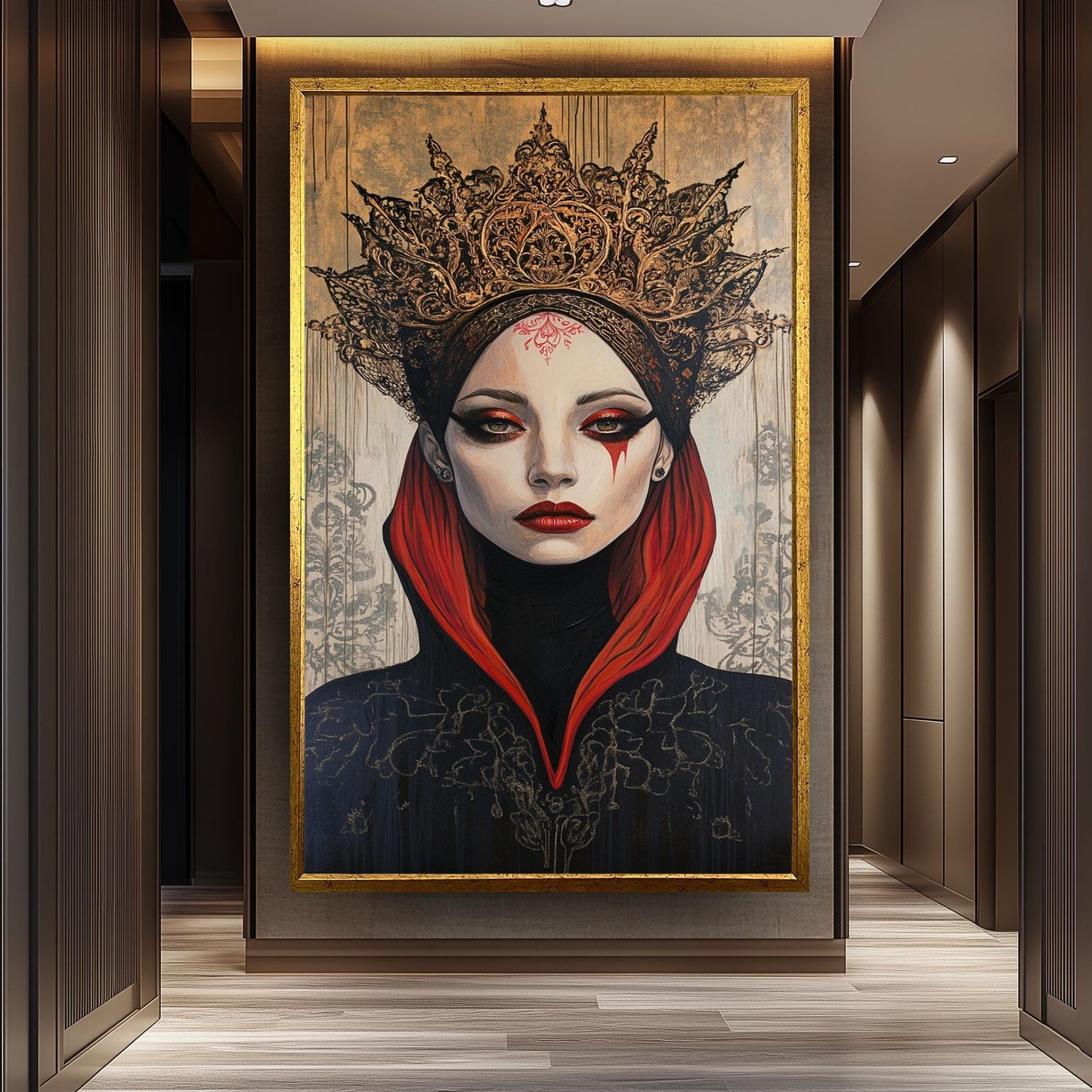 Surreal Gothic Queen Wall Art Mysterious Woman Portrait in Red and Black Crown Fantasy Painting Elegant Dark Royal Aesthetic Decor