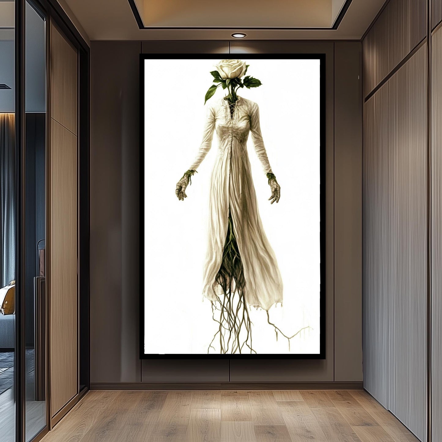 Botanical Gothic Woman Art Print: Surreal Rose Head Decor