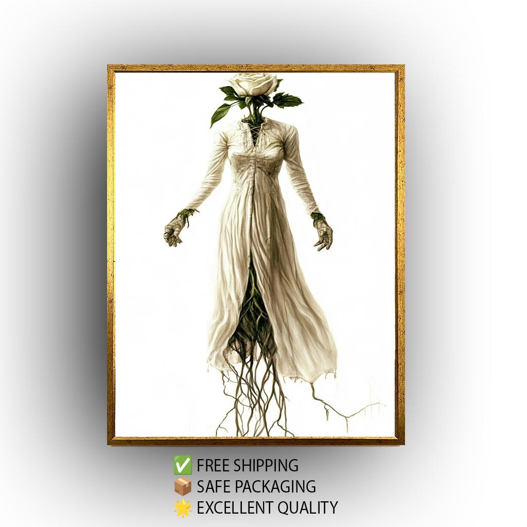 Botanical Gothic Woman Art Print: Surreal Rose Head Decor