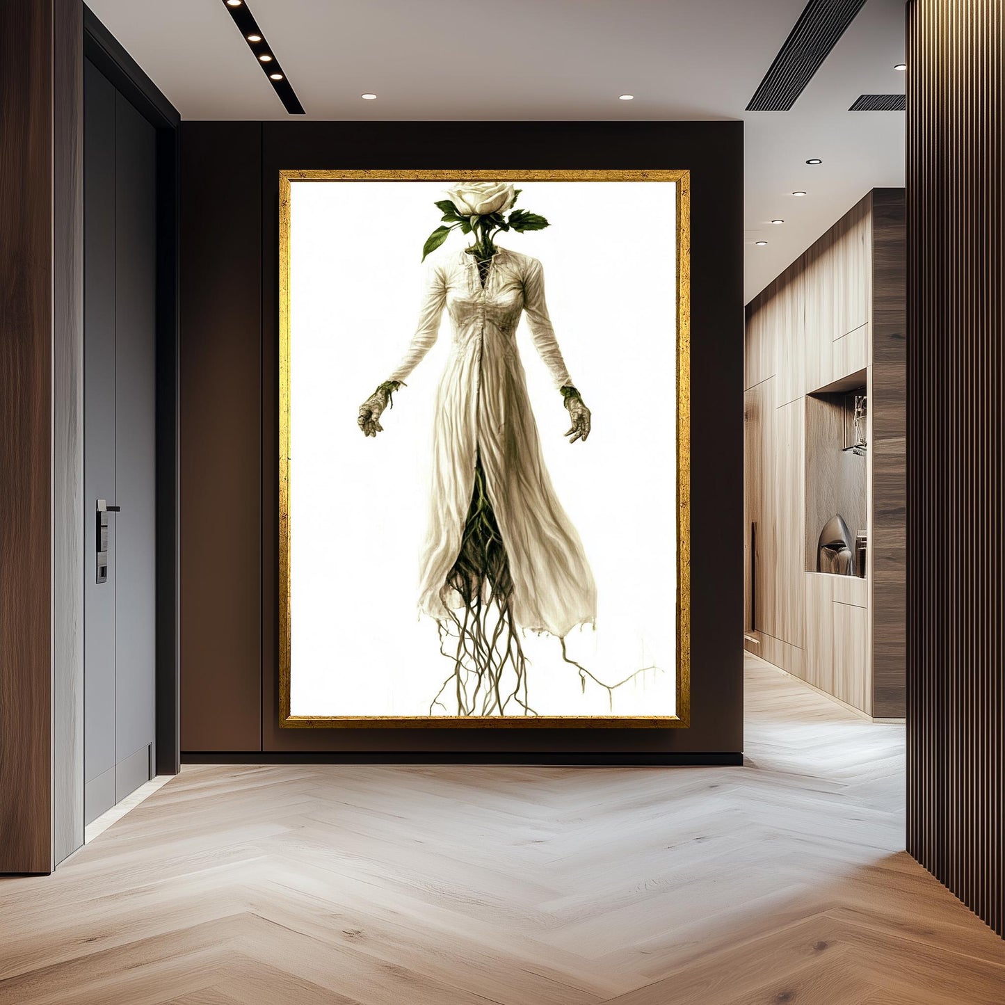 Botanical Gothic Woman Art Print: Surreal Rose Head Decor