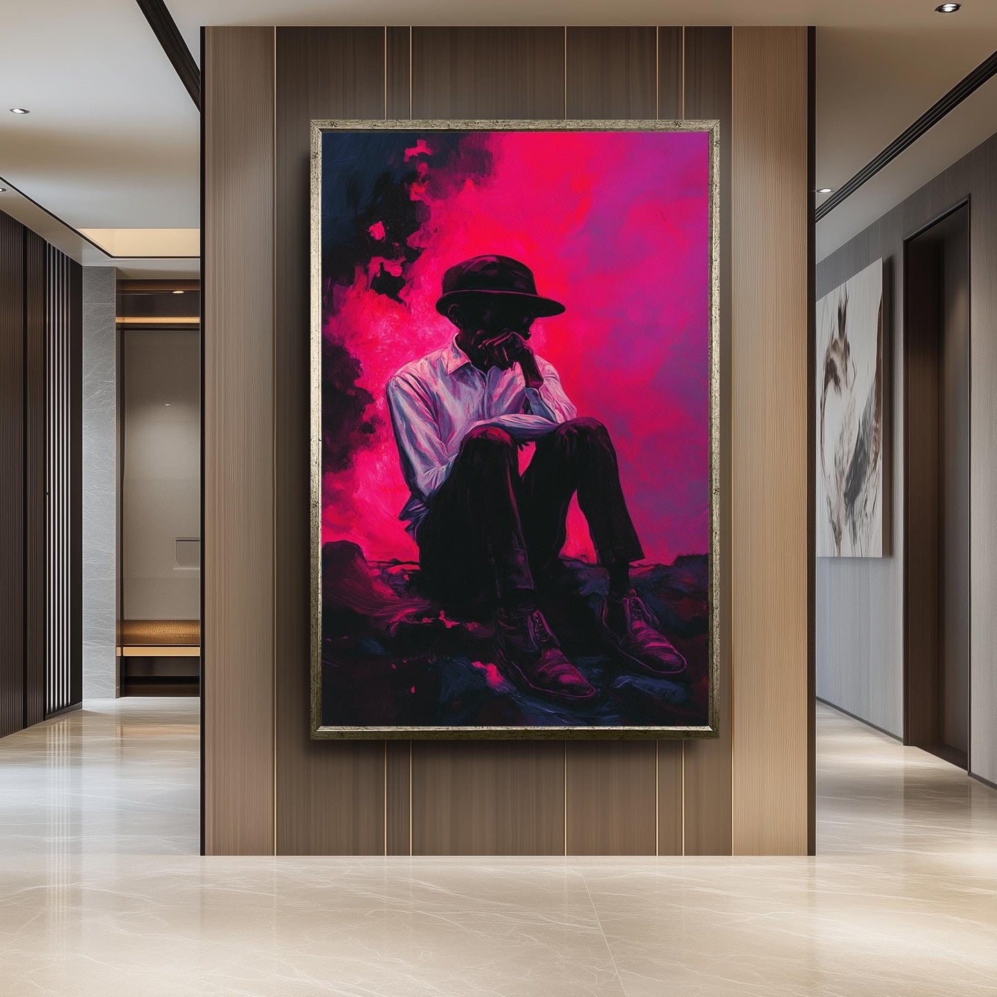 Surreal Moody Wall Art of Pensive Man in Hat Sitting Against Vibrant Pink and Purple Smoke | Emotional Expressionist Portrait Print, Man Art