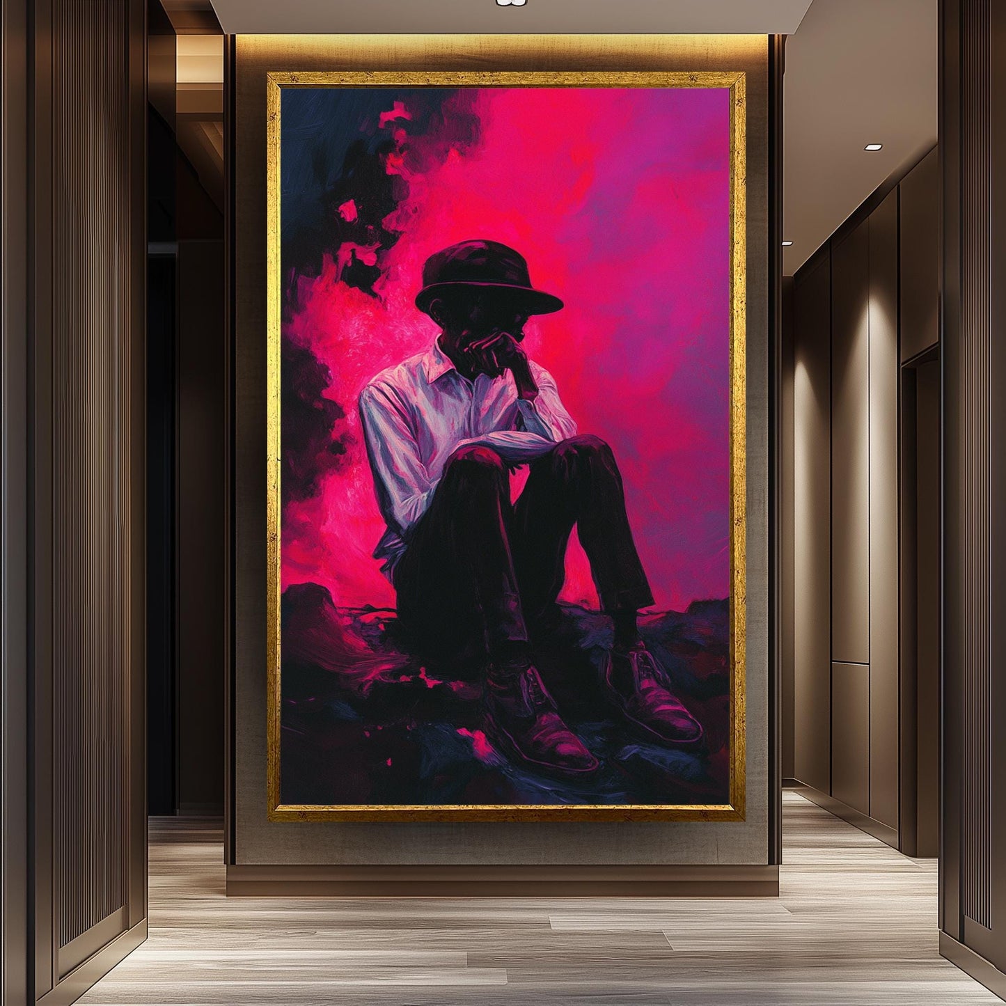 Surreal Moody Wall Art of Pensive Man in Hat Sitting Against Vibrant Pink and Purple Smoke | Emotional Expressionist Portrait Print, Man Art