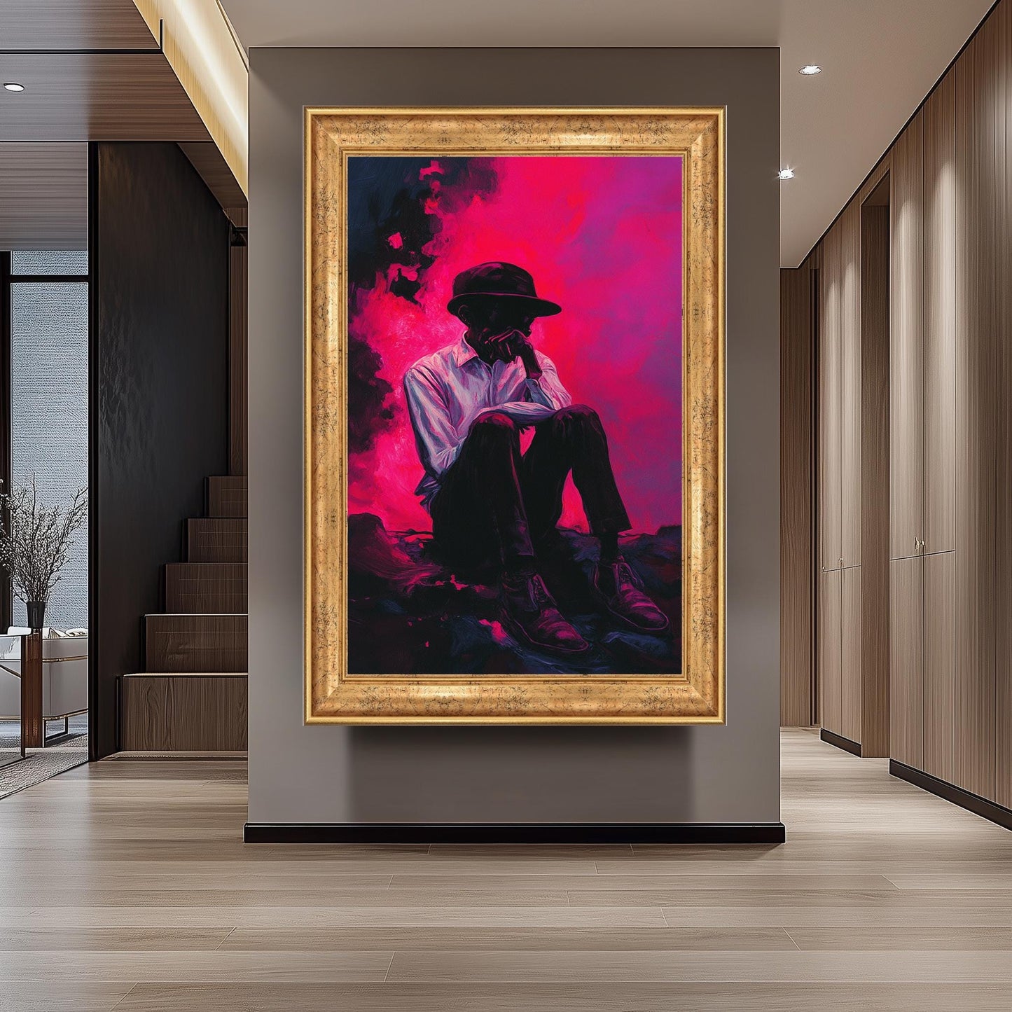 Surreal Moody Wall Art of Pensive Man in Hat Sitting Against Vibrant Pink and Purple Smoke | Emotional Expressionist Portrait Print, Man Art