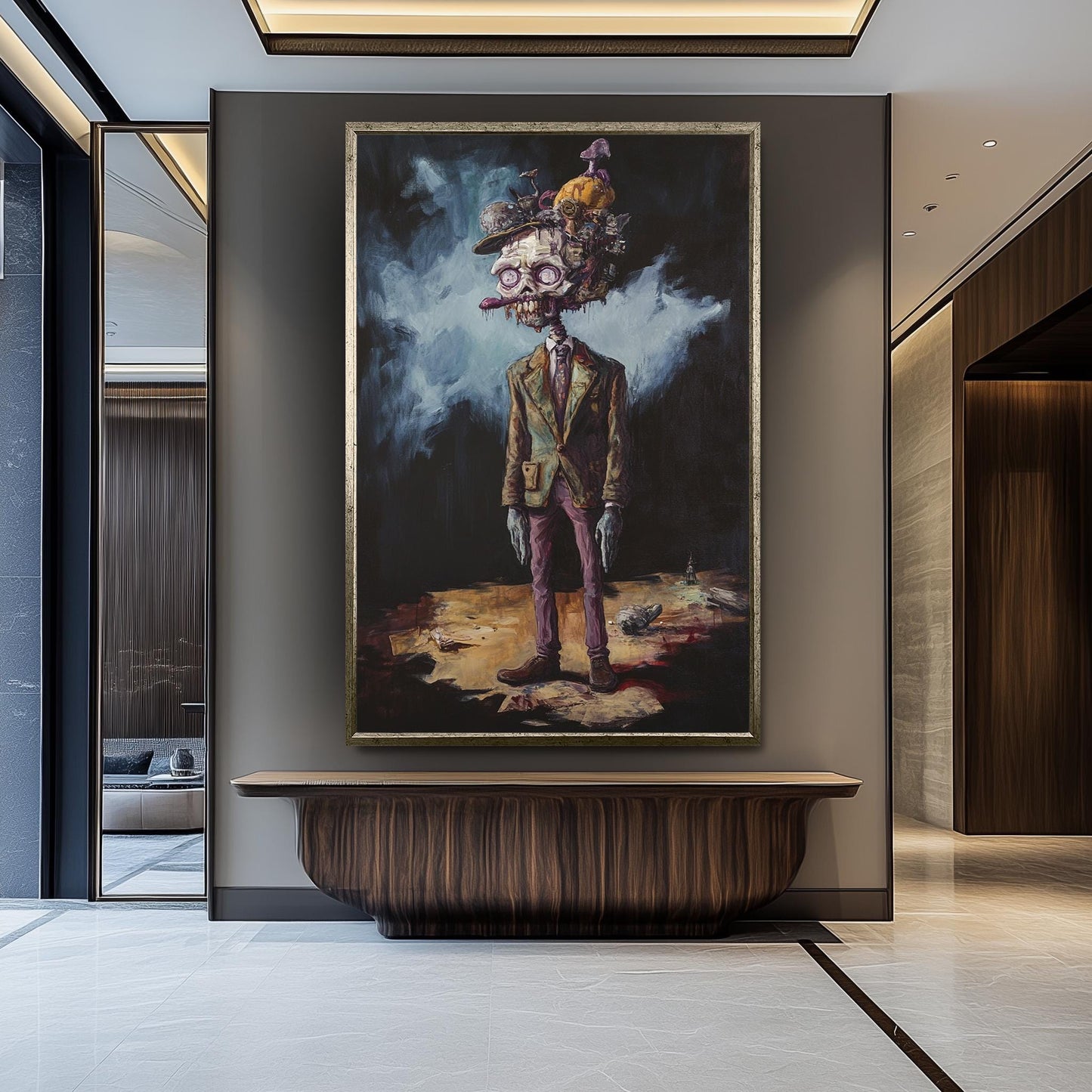 Creepy Surreal Zombie Gentleman Wall Art with Mushrooms and Trash Pile Head | Dark Fantasy Undead Character Painting for Horror Decor