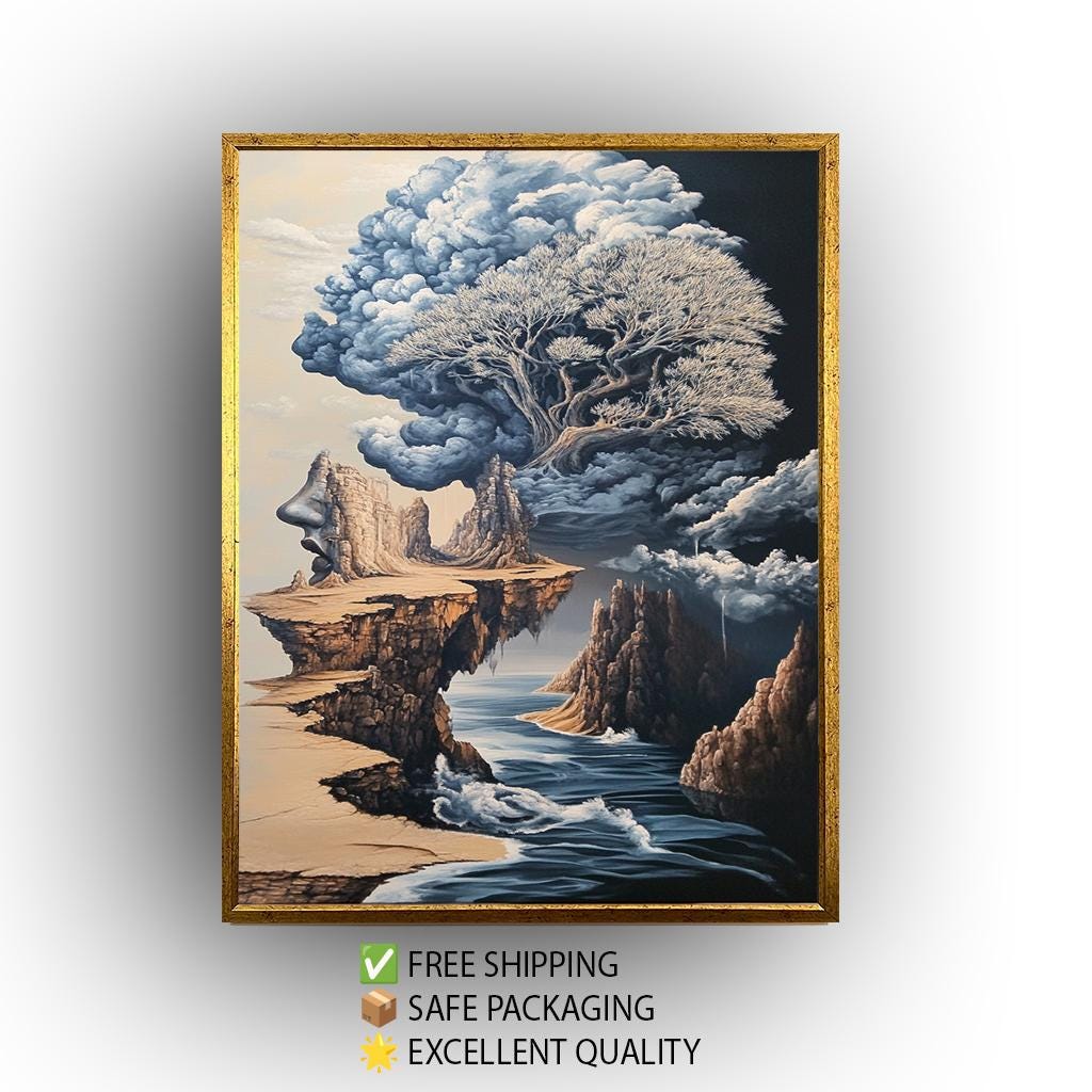 Surreal Woman Face Cliffscape Art Print: Fantasy Nature Canvas