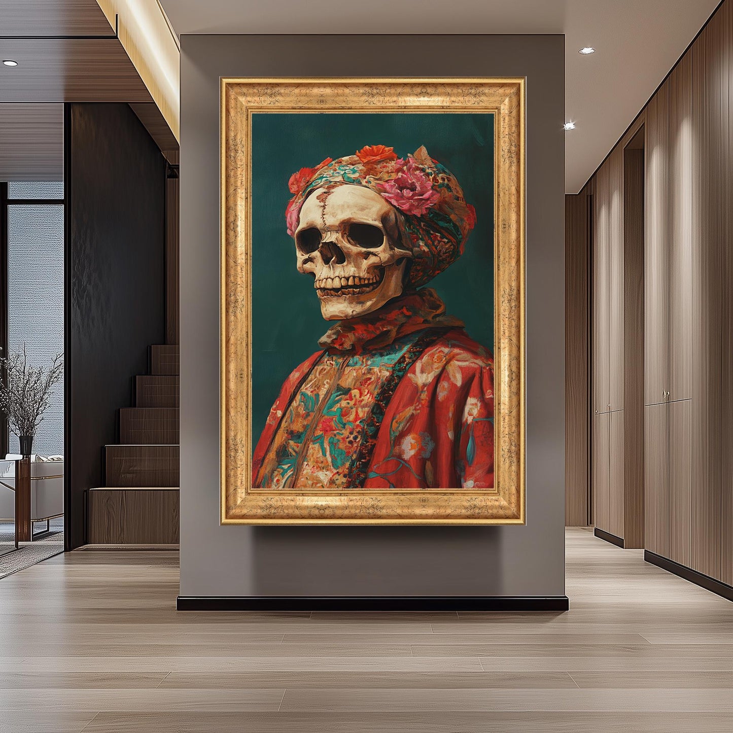 Surreal Skull Portrait Art in Vibrant Floral Clothing and Headwrap | Colorful Day of the Dead Inspired Skeleton Painting Print, Skull Art