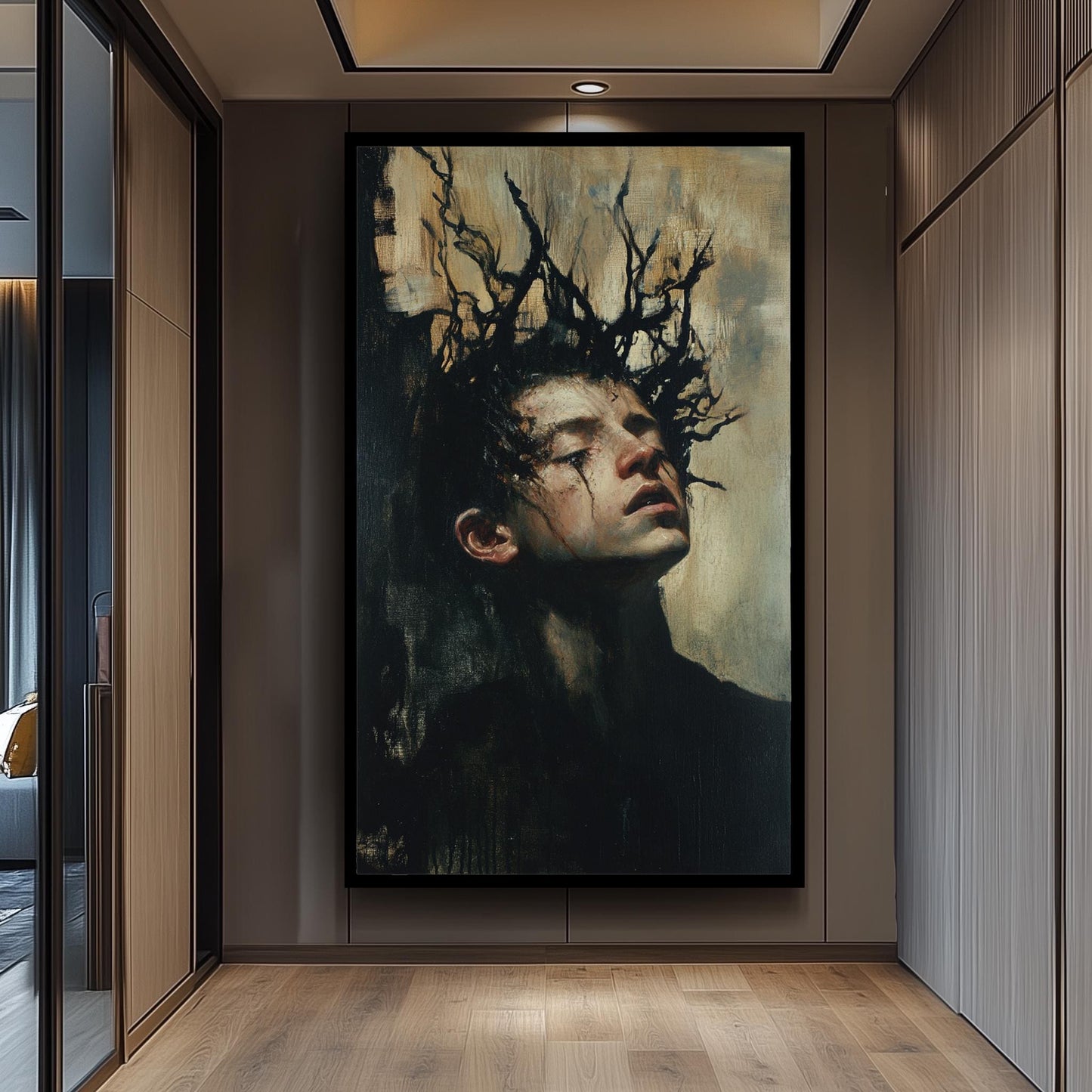 Dark Surreal Boy Portrait: Expressionist Fantasy Painting Print