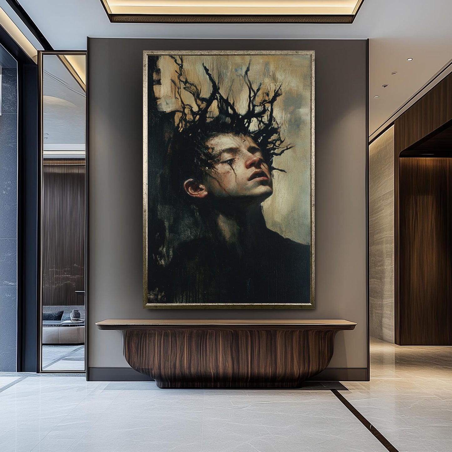 Dark Surreal Boy Portrait: Expressionist Fantasy Painting Print
