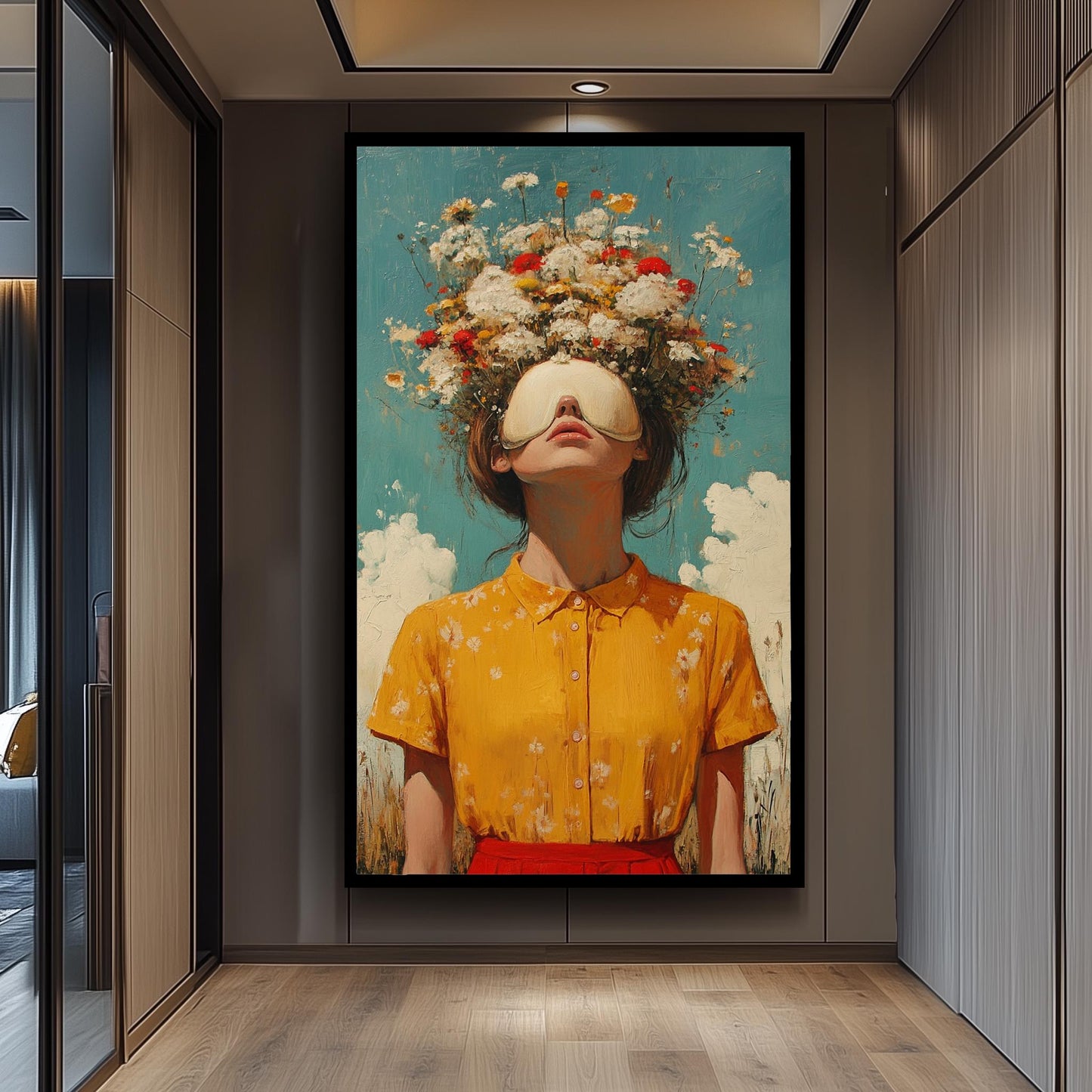 Surreal Whimsical Wall Art of Woman in Yellow Dress with Eye Mask and Blooming Flowers for Hair | Dreamy Floral Fantasy Portrait Print
