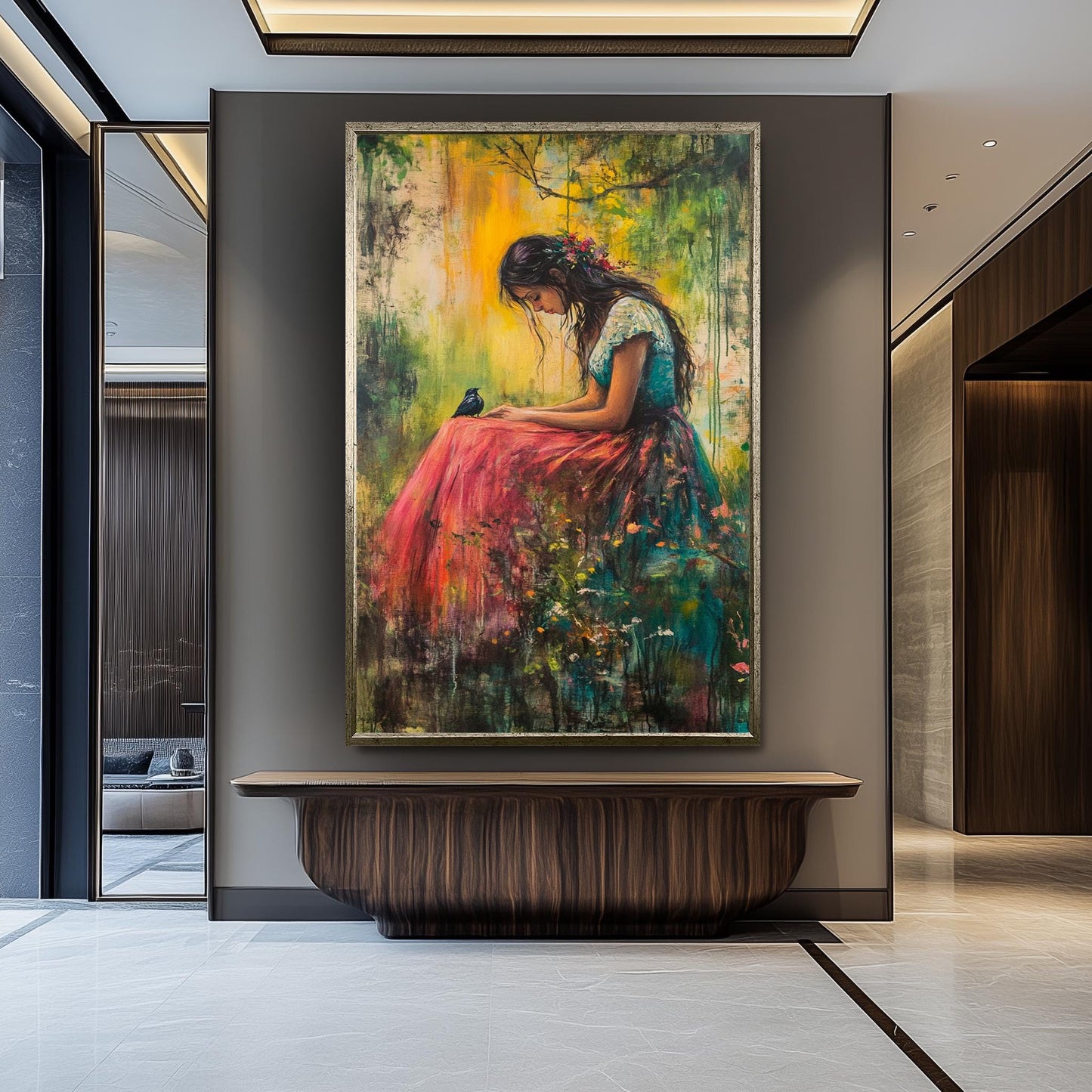 Romantic Nature Wall Art of Woman Sitting with Bird in Vibrant Forest Setting | Dreamy Impressionist Painting with Soft Light and Florals