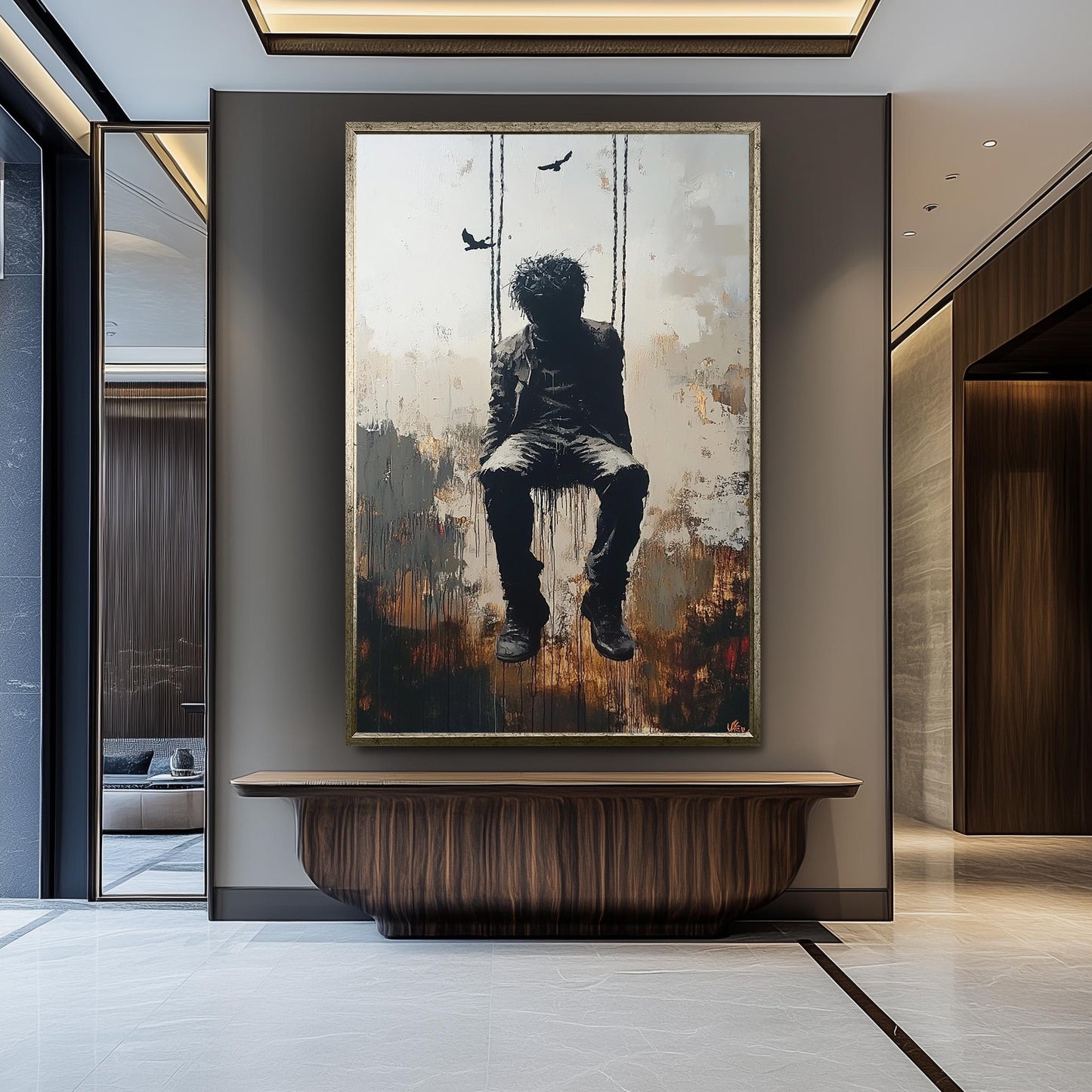 Surrealist Banksy-Style Street Art Print of a Man on Swing with Dark Abstract Mood, Urban Graffiti Inspired Modern Wall Decor Banksy Artwork