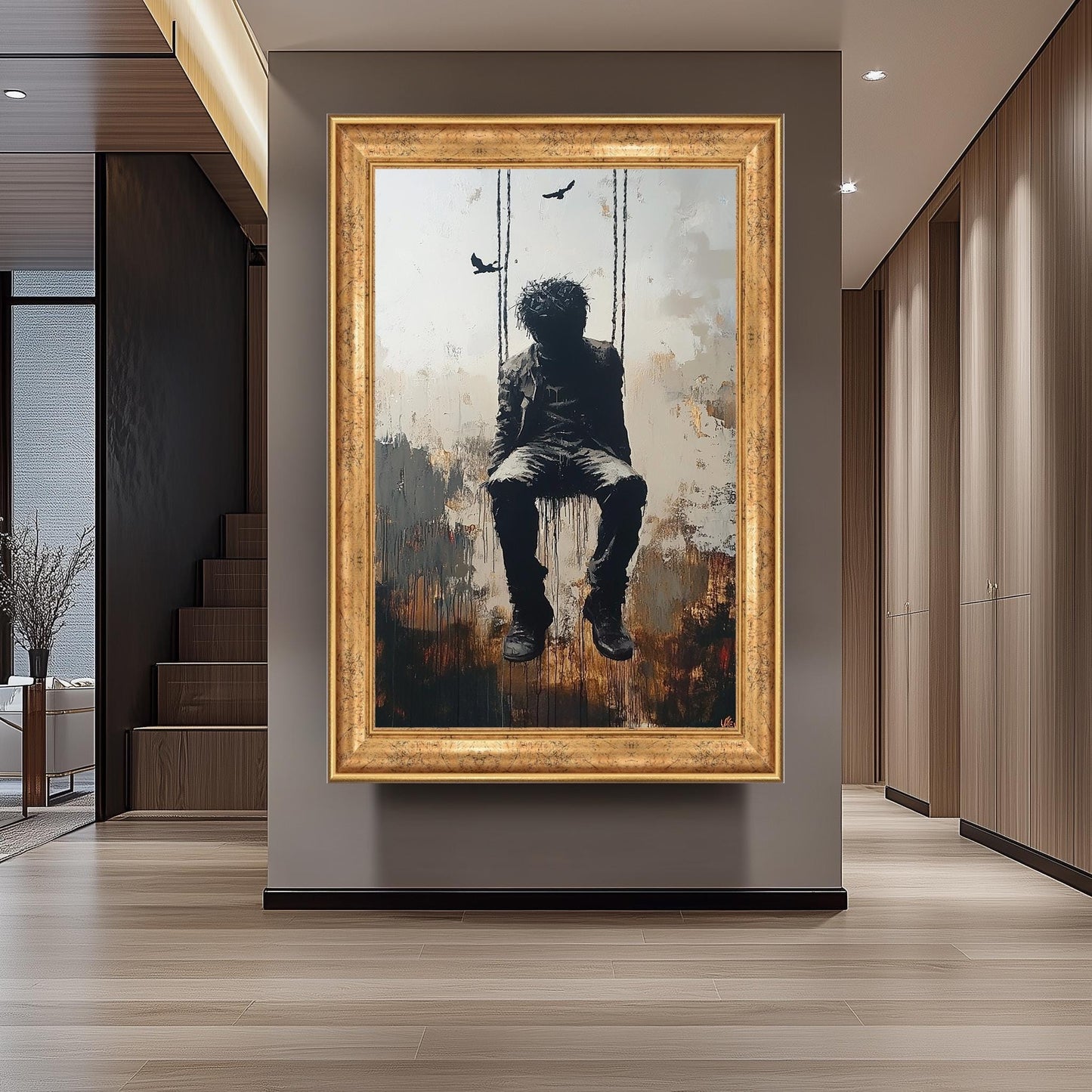 Surrealist Banksy-Style Street Art Print of a Man on Swing with Dark Abstract Mood, Urban Graffiti Inspired Modern Wall Decor Banksy Artwork