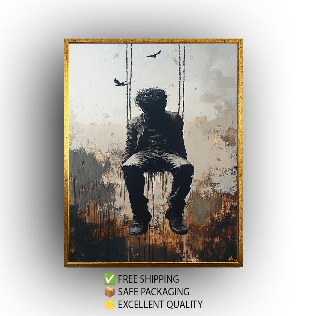 Surrealist Banksy-Style Street Art Print of a Man on Swing with Dark Abstract Mood, Urban Graffiti Inspired Modern Wall Decor Banksy Artwork