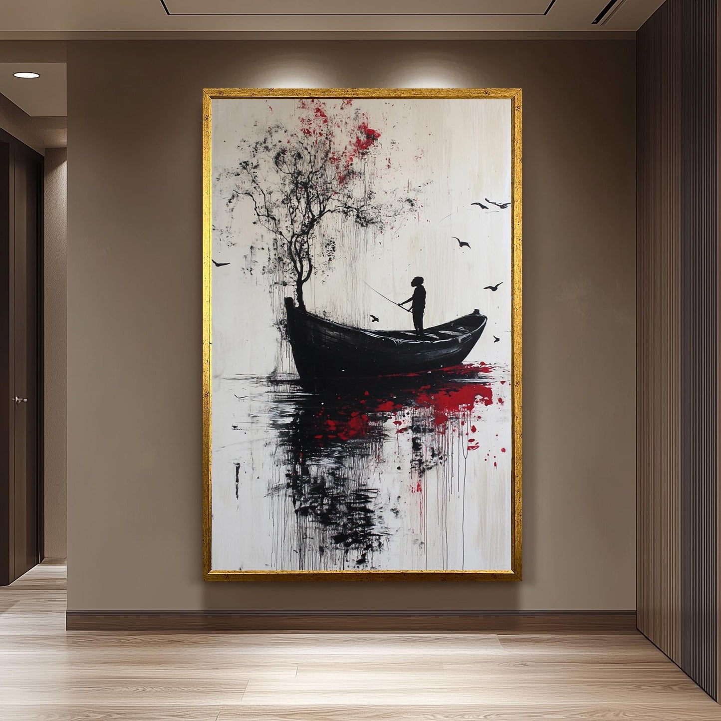 Banksy-Style Surrealist Canvas Print: Boy Fishing, Graffiti Art