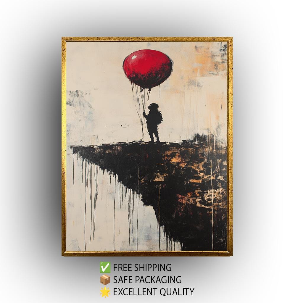 Surreal Banksy Style Wall Art Featuring Red Balloon and Child on Cliff Edge, Modern Urban Graffiti Canvas for Bold Home Décor Banksy Artwork