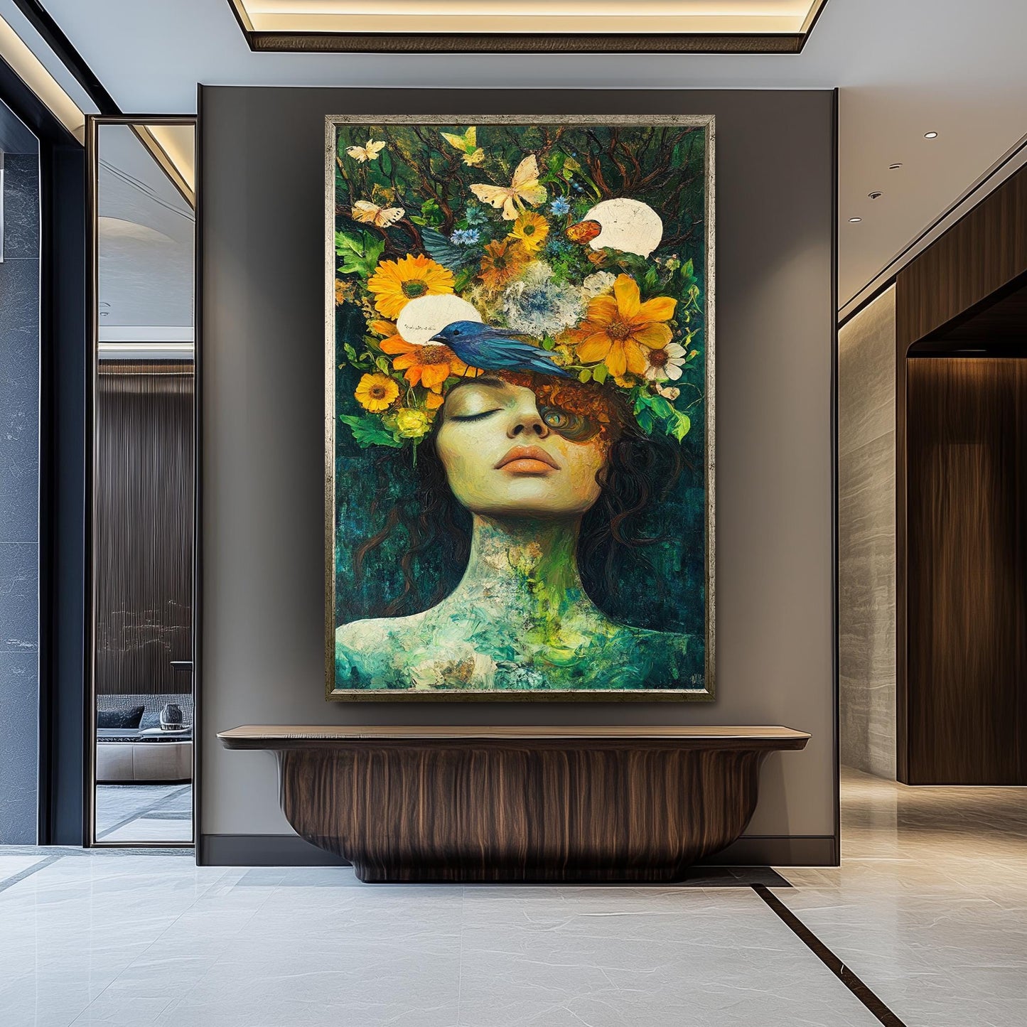 Surreal Woman Portrait With Bird And Flowers Wall Art, Nature Inspired Feminine Fantasy Painting For Whimsical And Boho Home Decor Woman Art