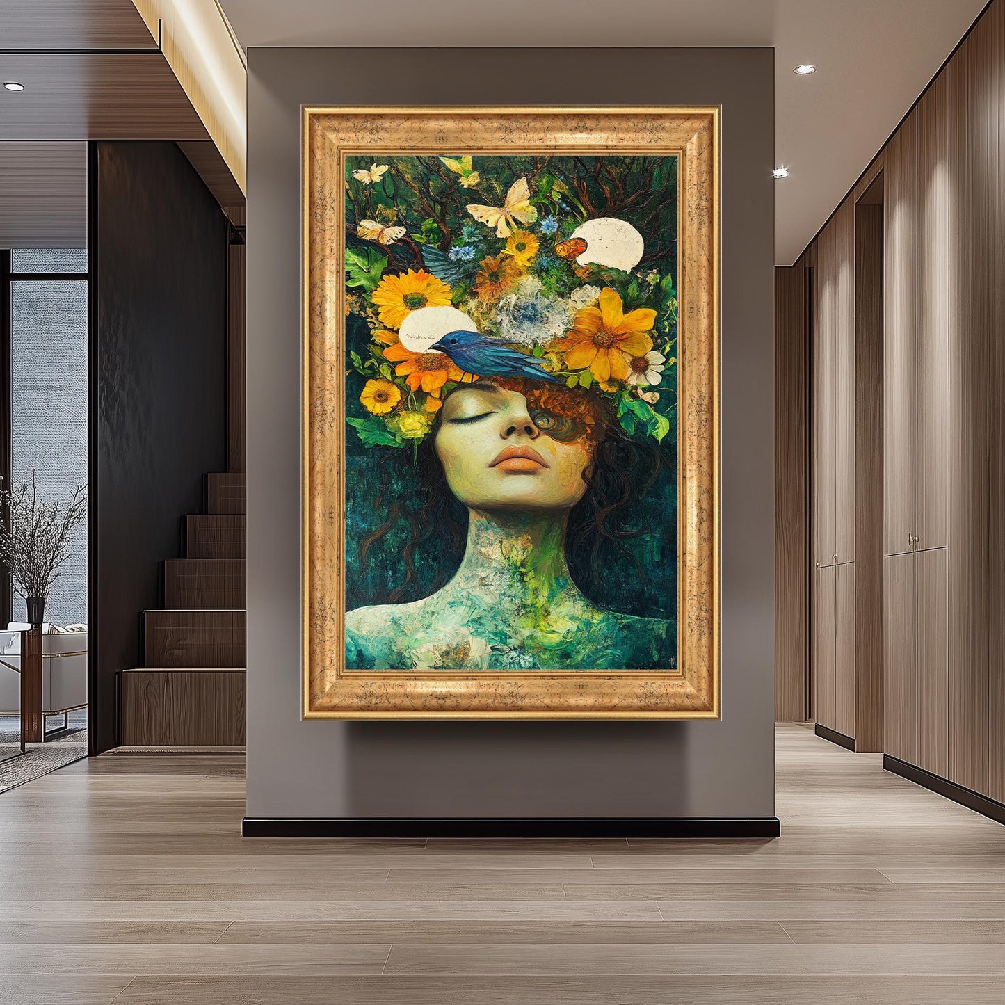 Surreal Woman Portrait With Bird And Flowers Wall Art, Nature Inspired Feminine Fantasy Painting For Whimsical And Boho Home Decor Woman Art