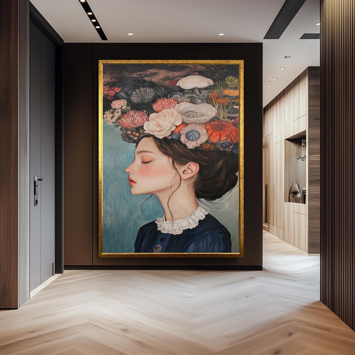 Surreal Floral Woman Portrait: Elegant Vintage Style Fine Art Print