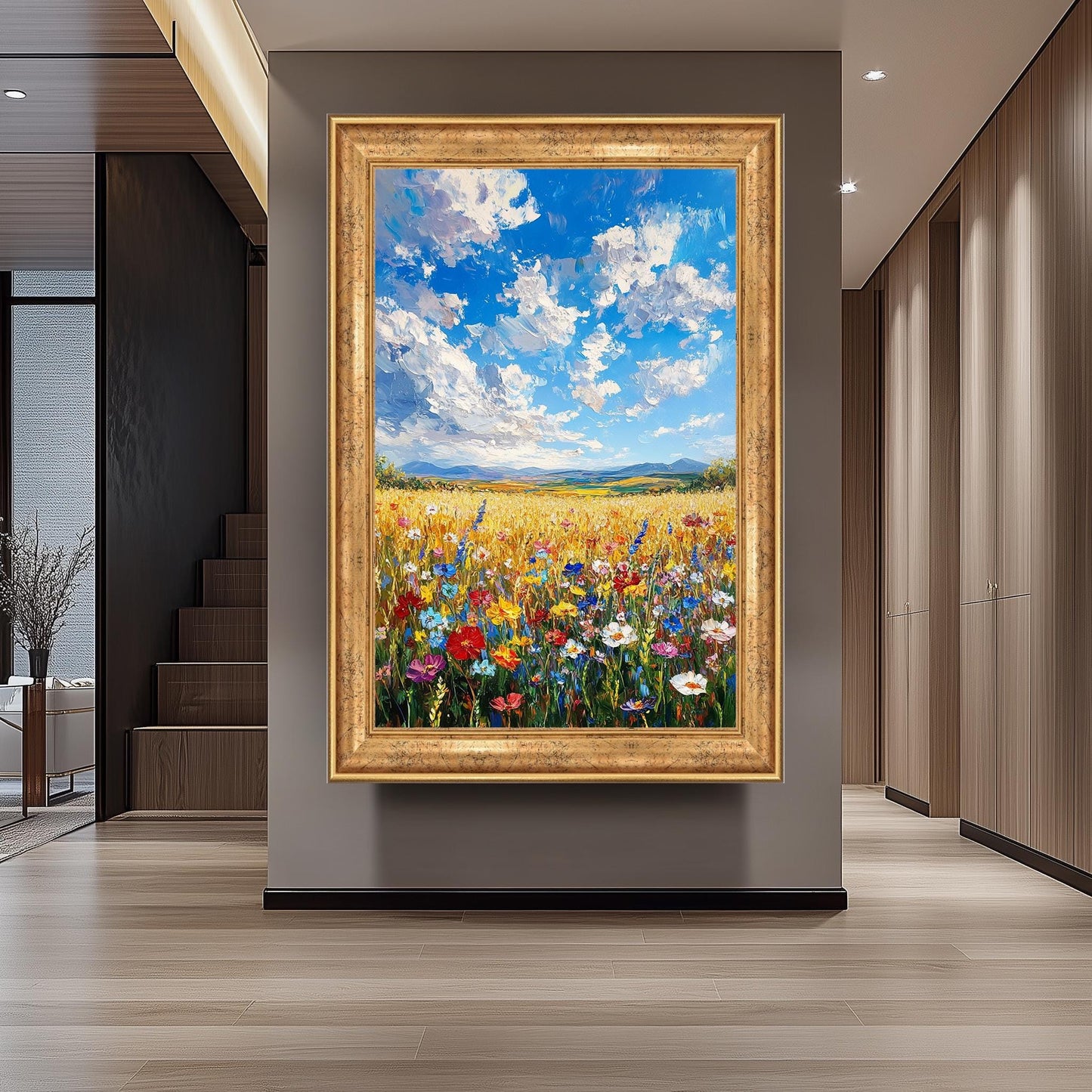 Wildflower Field Landscape Painting: Vibrant Floral Meadow Canvas Art