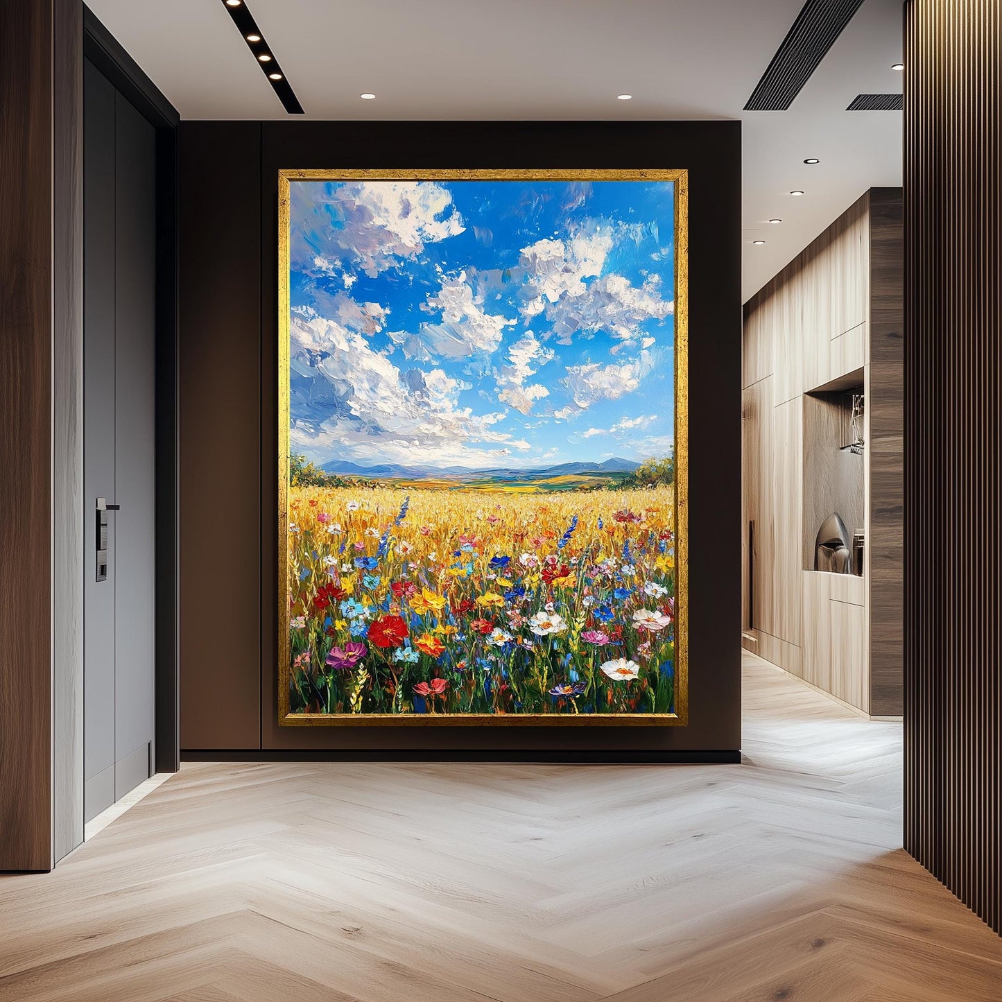 Wildflower Field Landscape Painting: Vibrant Floral Meadow Canvas Art