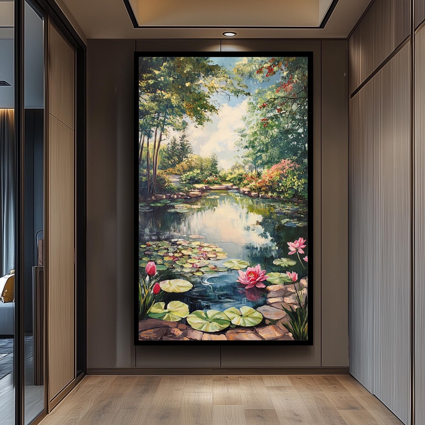 Vintage Lily Pond Oil Painting: Romantic Garden Landscape Wall Art