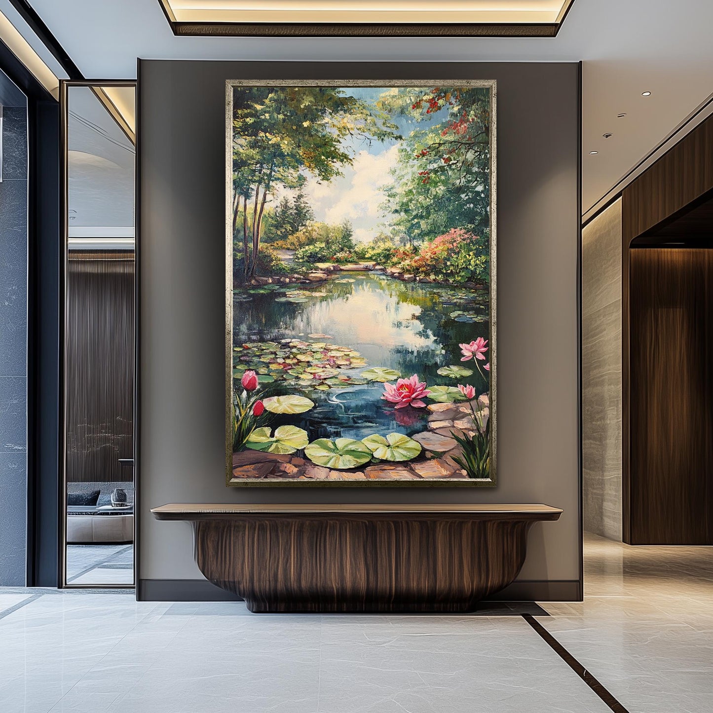 Vintage Lily Pond Oil Painting: Romantic Garden Landscape Wall Art