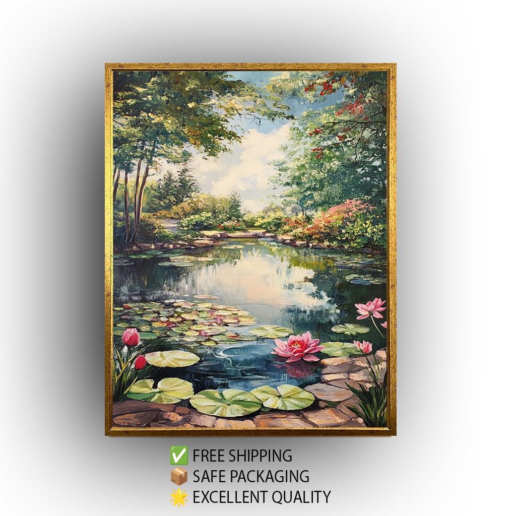 Vintage Lily Pond Oil Painting: Romantic Garden Landscape Wall Art