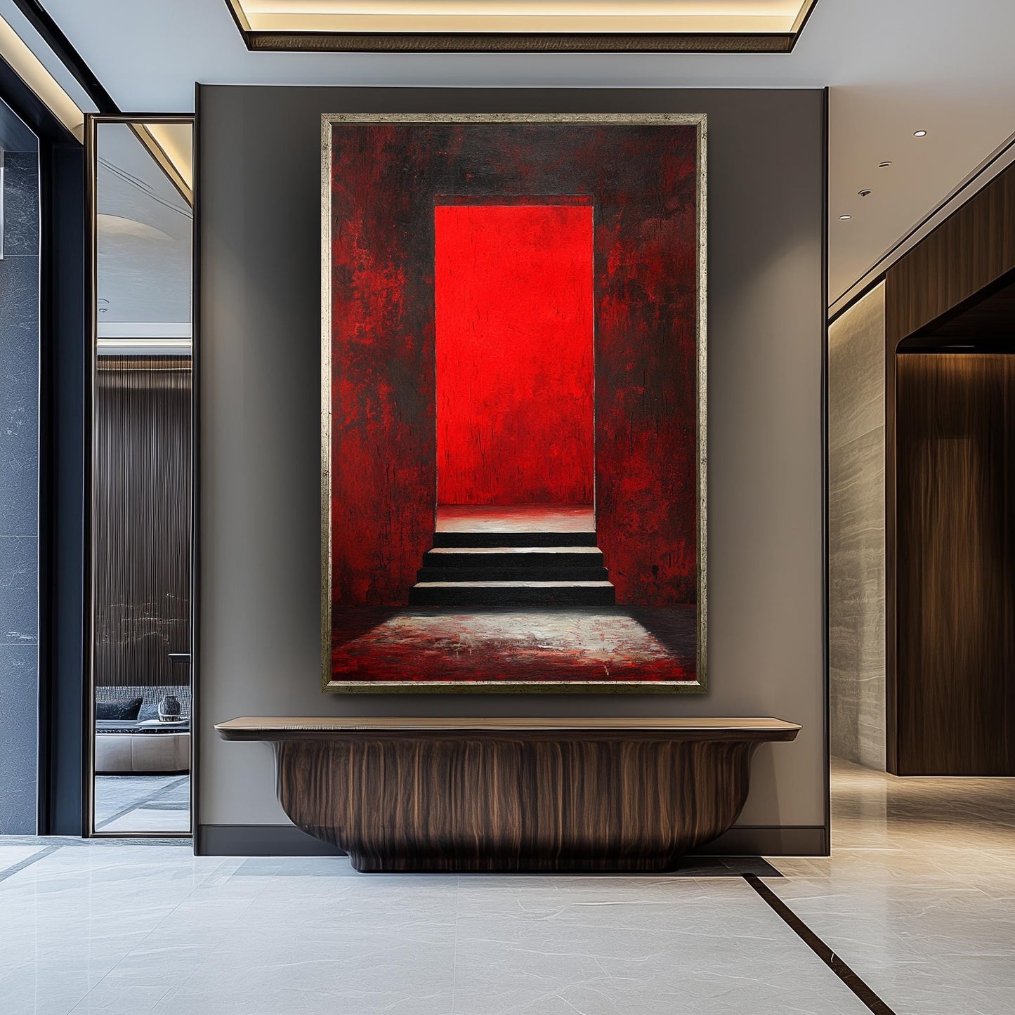 Modern Abstract Red Doorway Wall Art on Canvas, Dark Staircase and Red Light Painting, Gothic Minimalist Home Decor Wall Hanging, Gothic Art