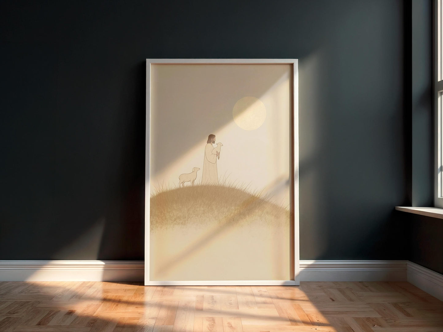 Jesus with Lamb Pastoral Scene Christian Minimalist Wall Art Faithful Shepherd Print Beige Modern Spiritual Decor for Home or Church