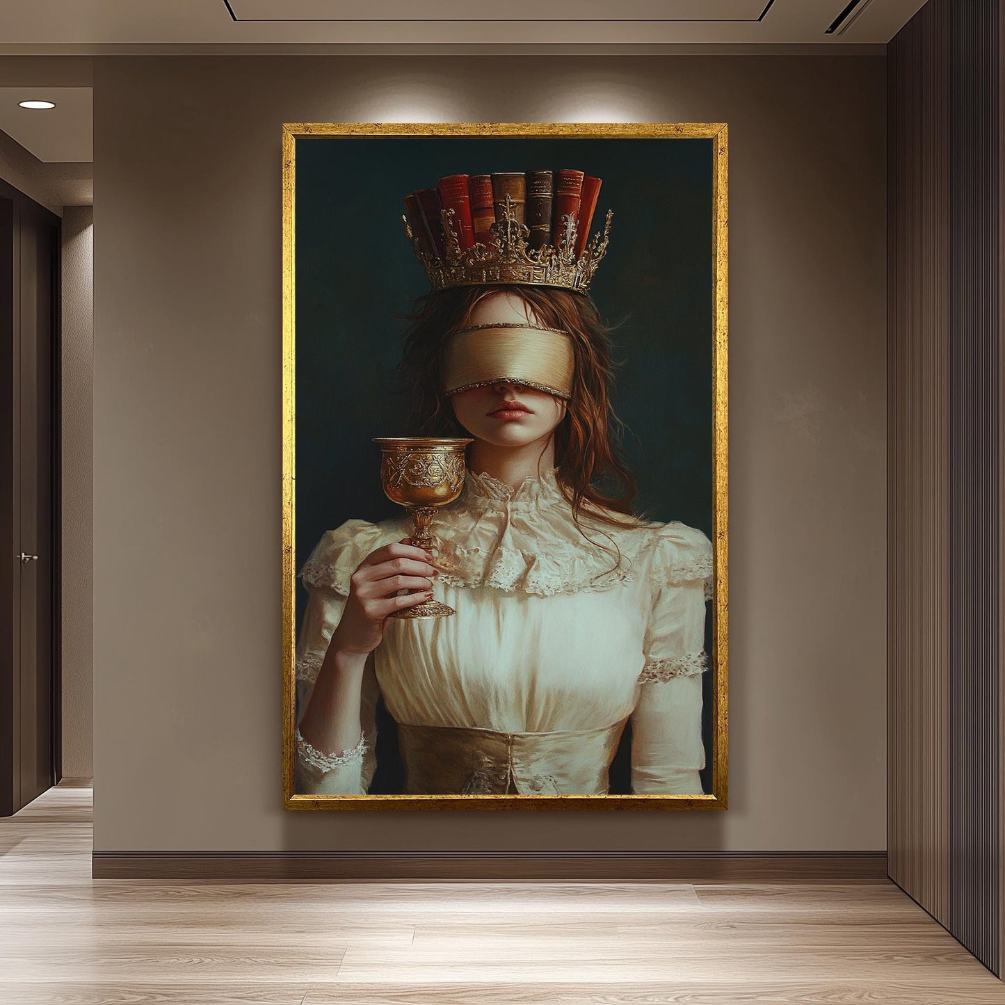 Dark Academia Canvas Art: Blindfolded Woman with Book Crown