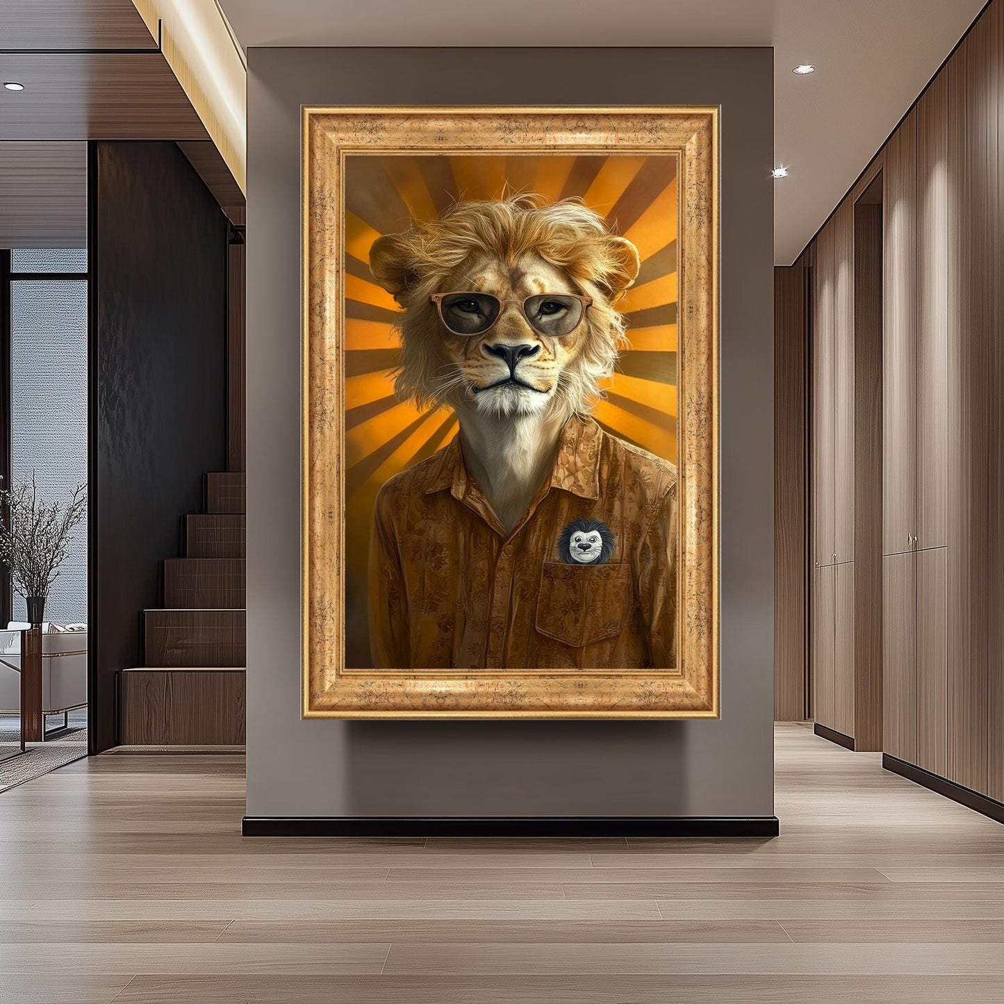 Retro Lion Portrait Print: Anthropomorphic Animal Wall Art