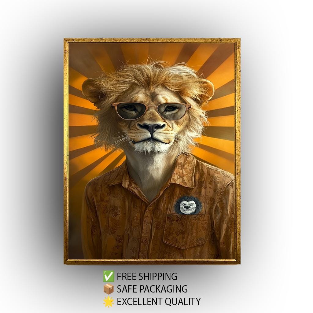 Retro Lion Portrait Print: Anthropomorphic Animal Wall Art