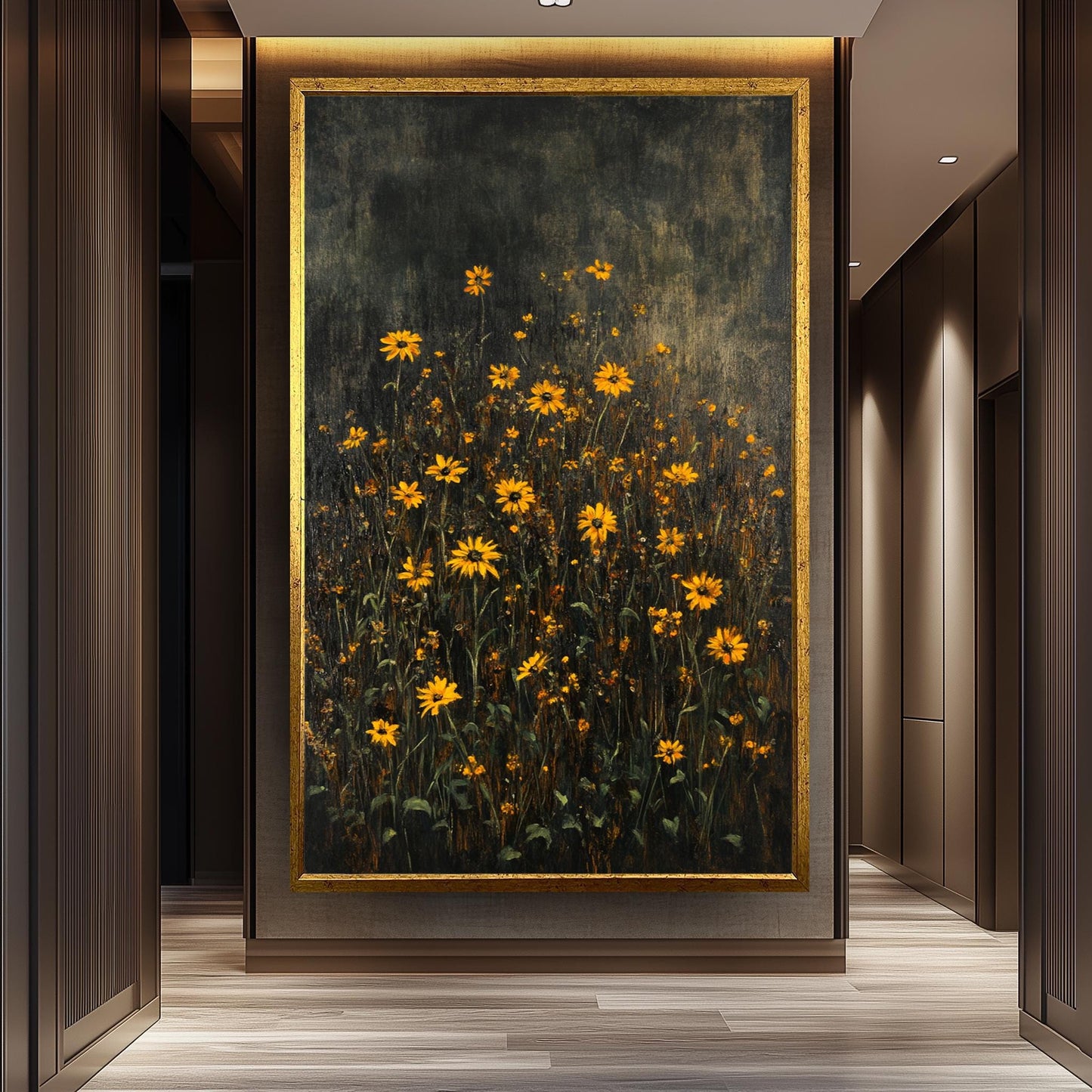 Dark Green Wildflower Field Canvas Art: Moody Floral Painting
