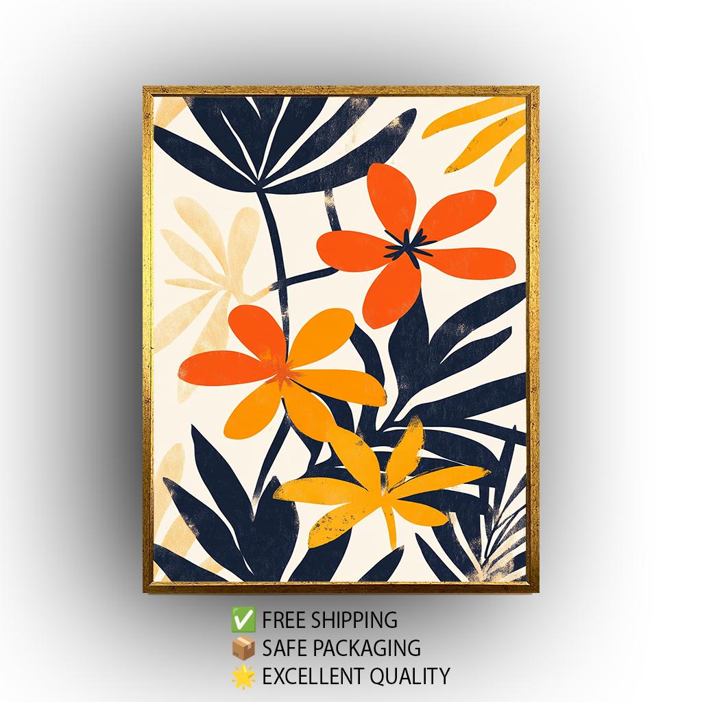 Matisse Inspired Floral Canvas Print: Orange & Navy Abstract Art