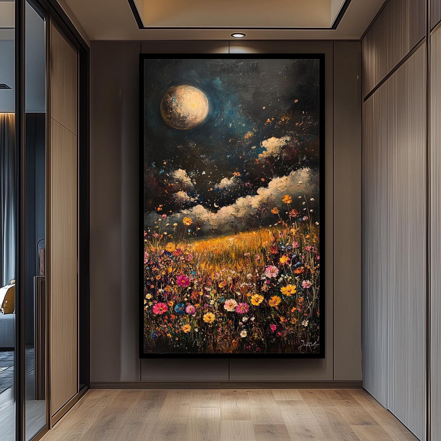 Moonlit Wildflower Field Canvas Print: Boho Floral Landscape Wall Art