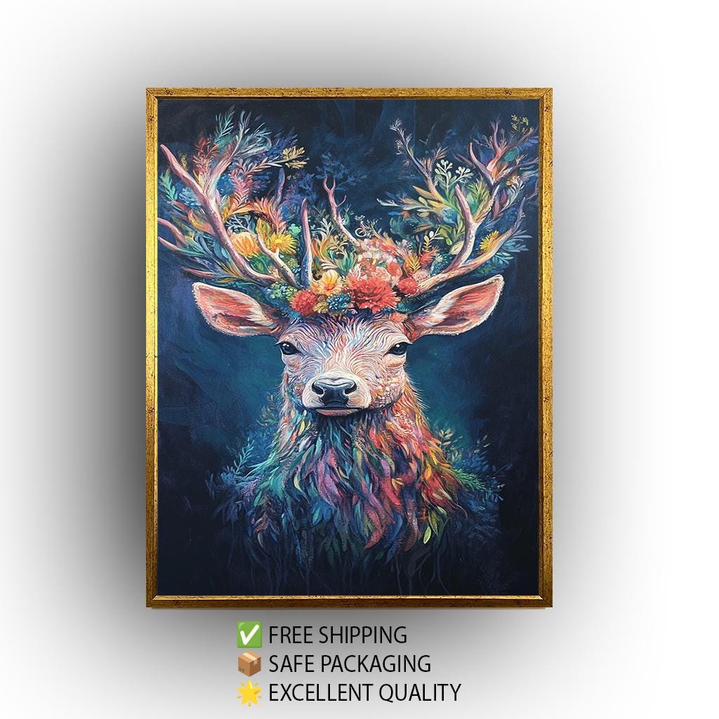 Floral Deer Art Print: Colorful Botanical Antlers, Whimsical Animal Painting