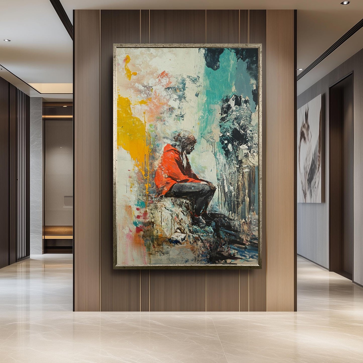 Emotional Urban Wall Art of a Lonely Person in Red Jacket Sitting Among Abstract Textures and Colors Street Style Canvas Painting Print