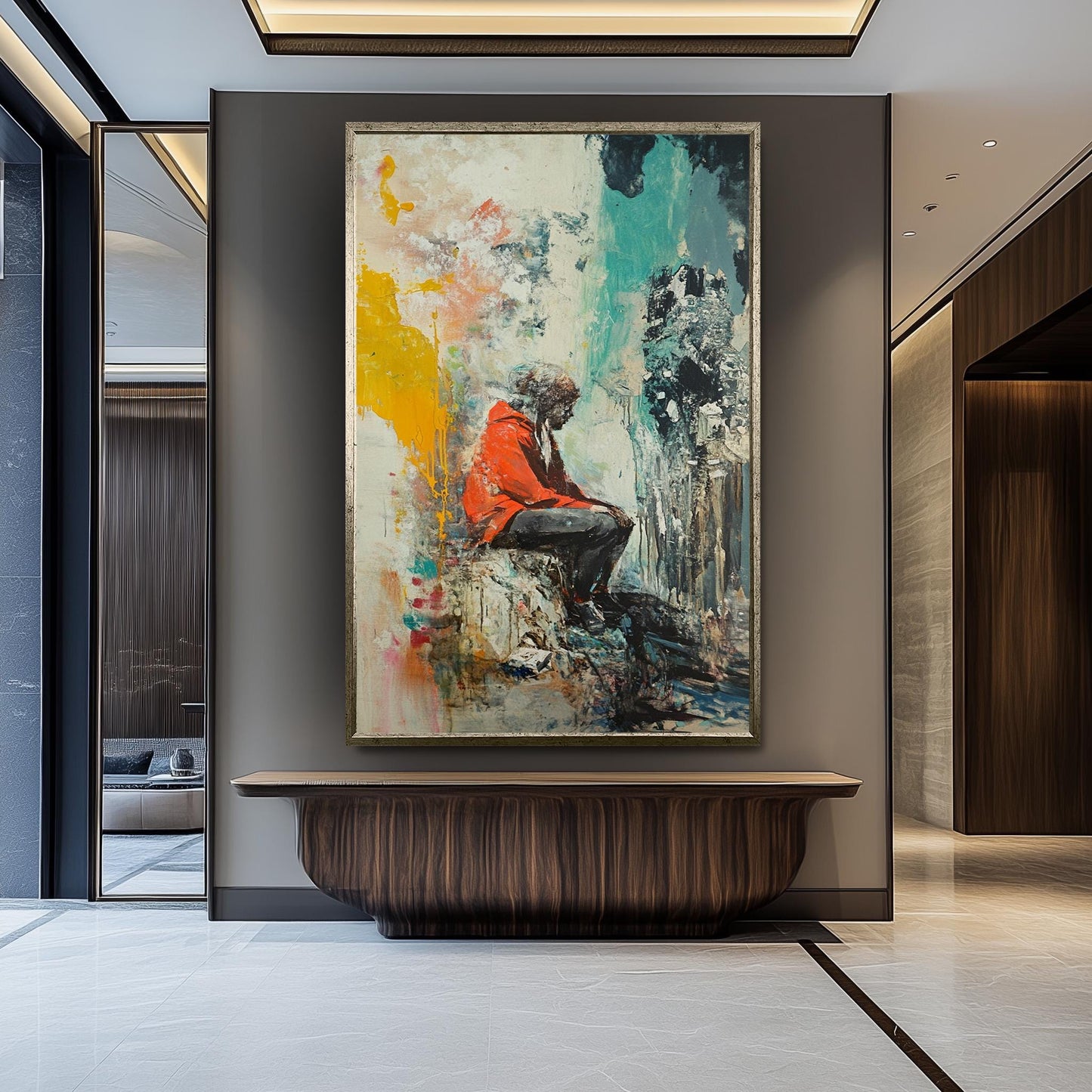 Emotional Urban Wall Art of a Lonely Person in Red Jacket Sitting Among Abstract Textures and Colors Street Style Canvas Painting Print